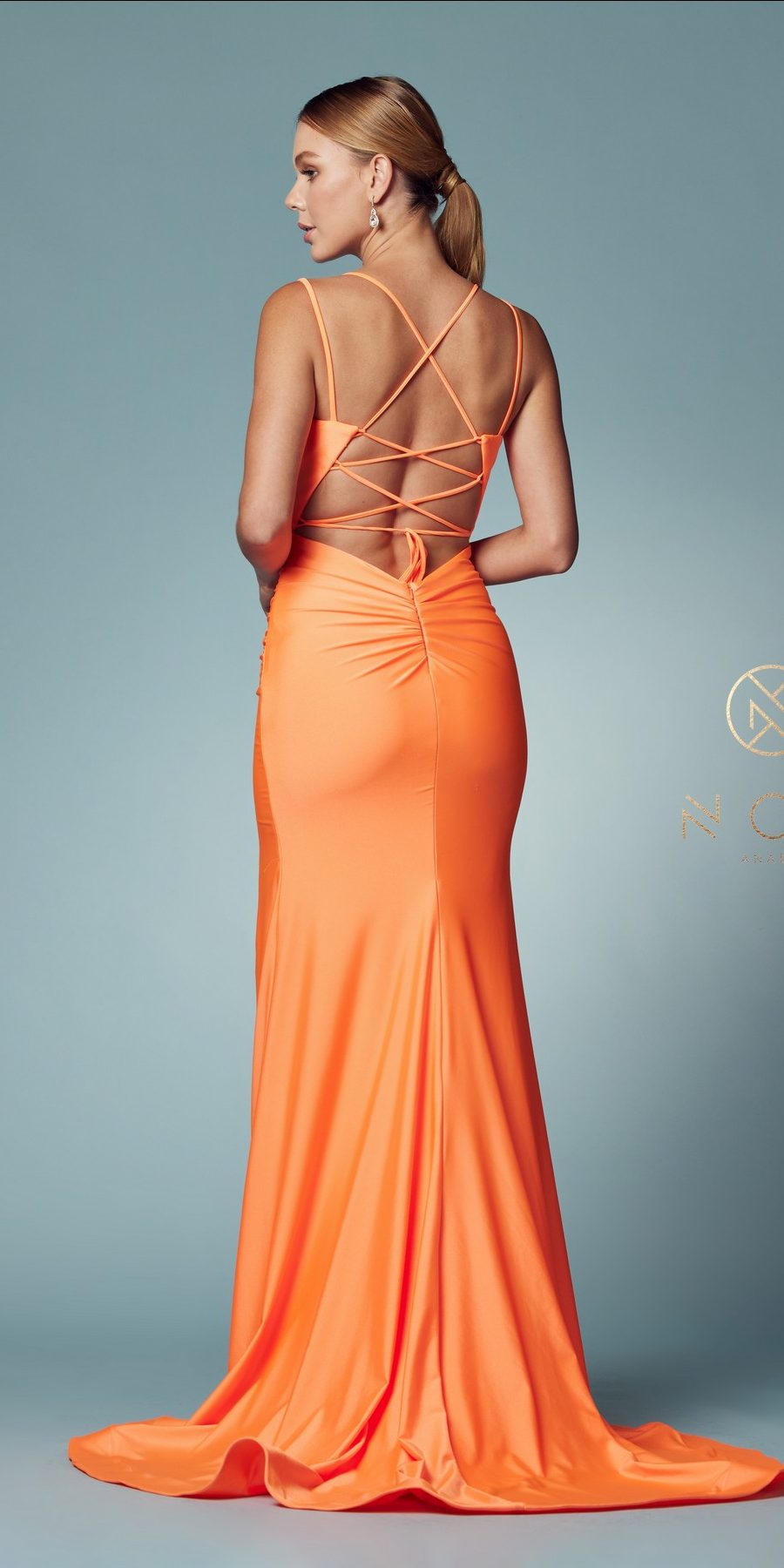 Nox Anabel T481 Long Scoop Neck Spaghetti Strap Fitted Gown Slit