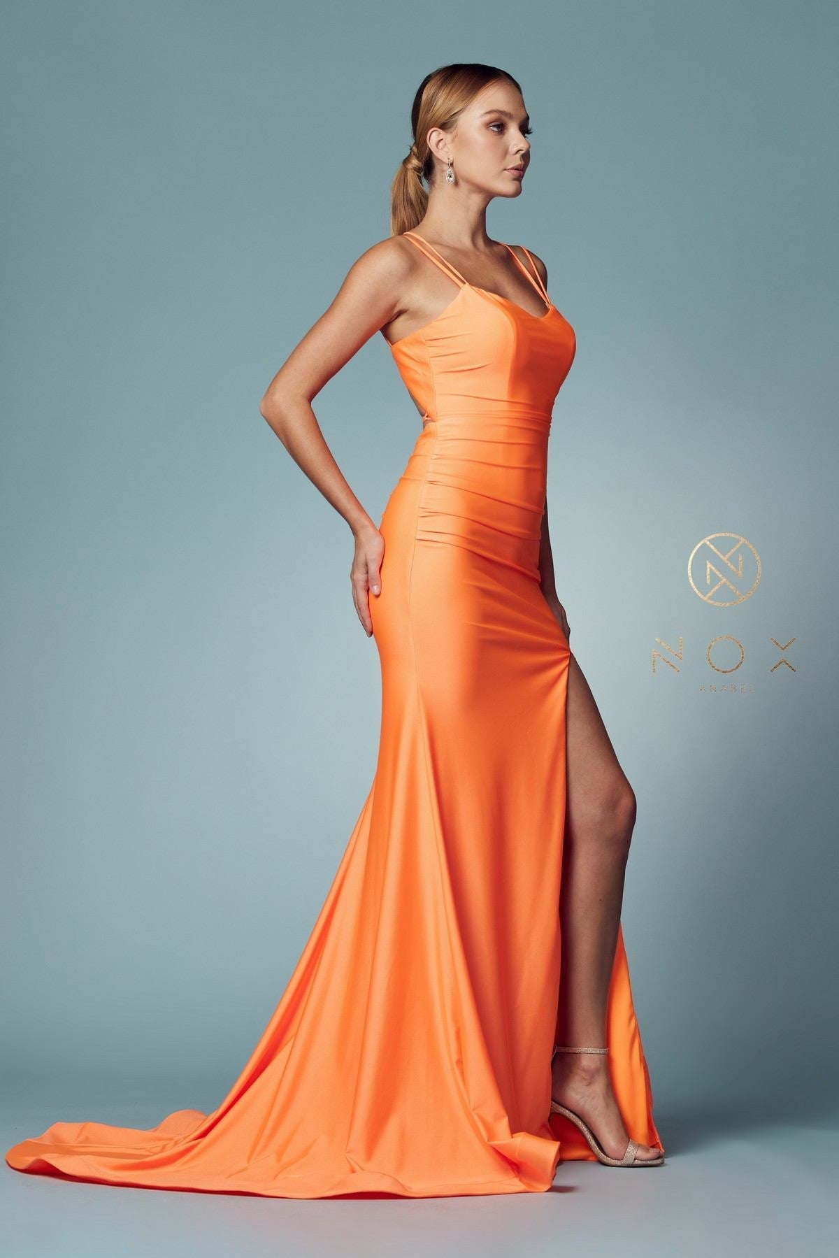 Nox Anabel T481 Long Scoop Neck Spaghetti Strap Fitted Gown Slit