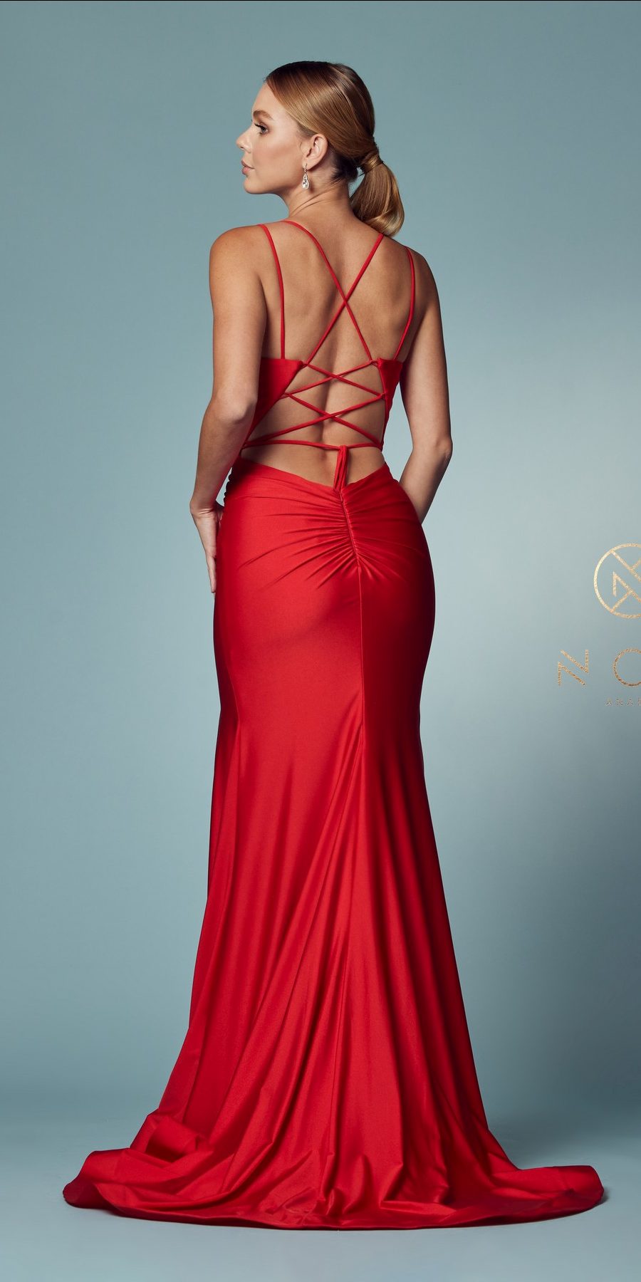 Nox Anabel T481 Long Scoop Neck Spaghetti Strap Fitted Gown Slit