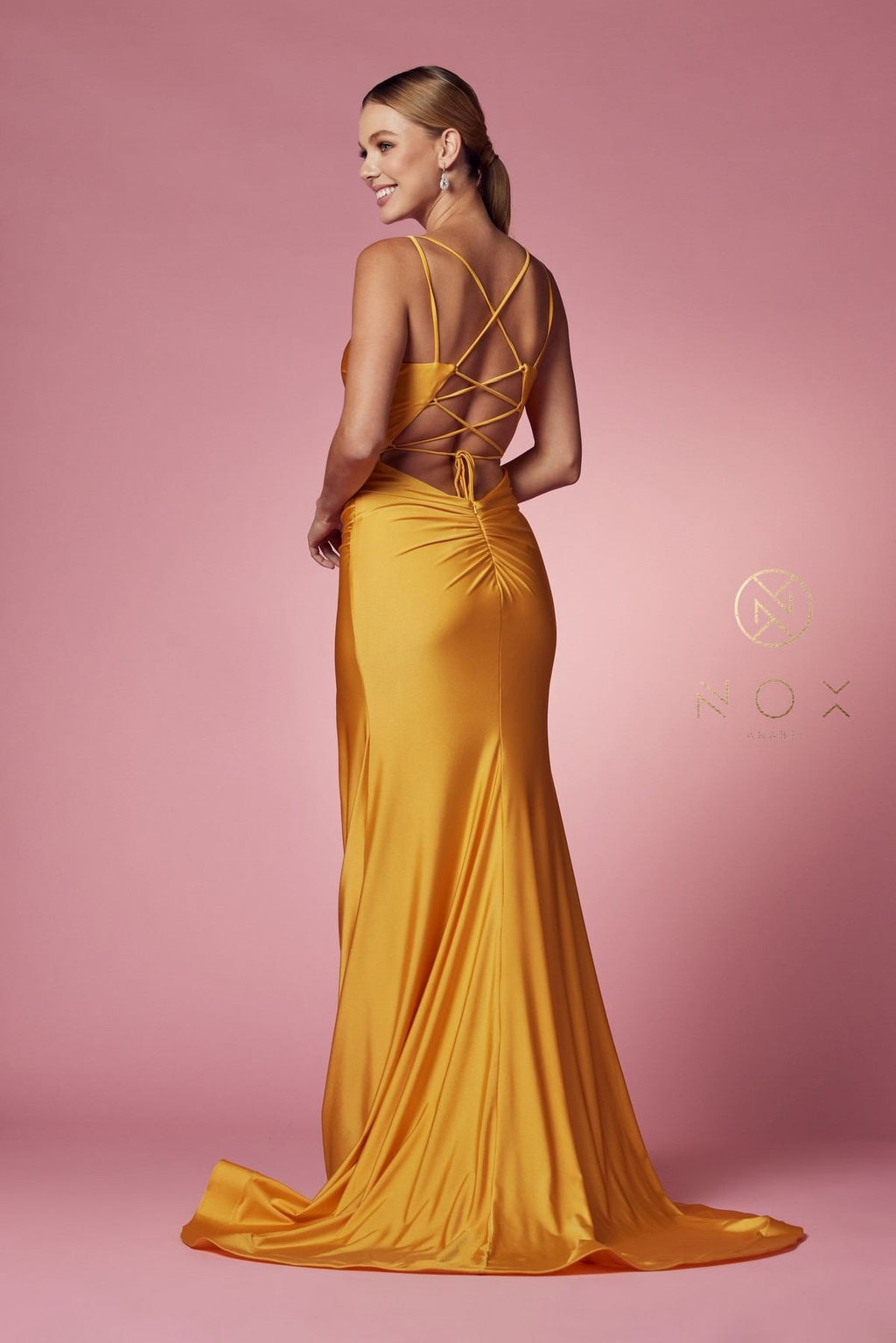 Nox Anabel T481 Long Scoop Neck Spaghetti Strap Fitted Gown Slit