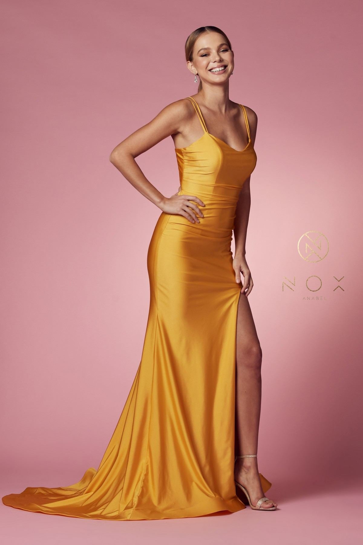 Nox Anabel T481 Long Scoop Neck Spaghetti Strap Fitted Gown Slit
