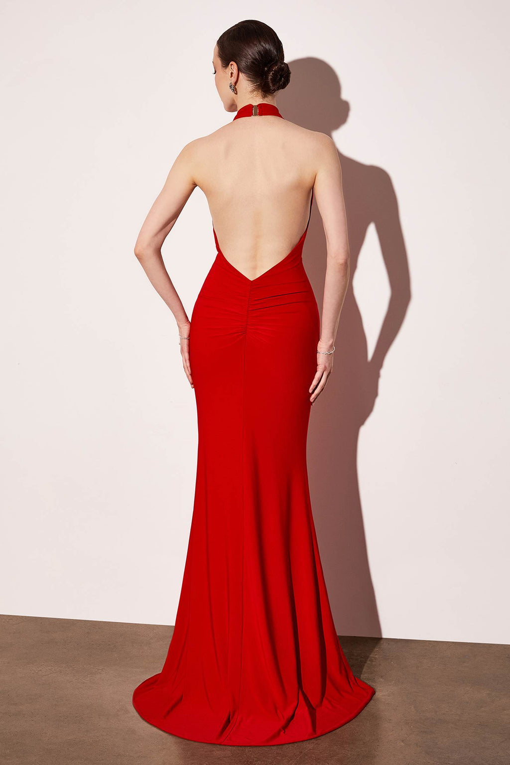 Astee T501 Long Halter V-Neckline Fitted Open Back Evening Gown