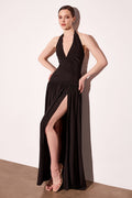Astee T502 Halter Top V-Neckline Evening Gown with Leg Slit