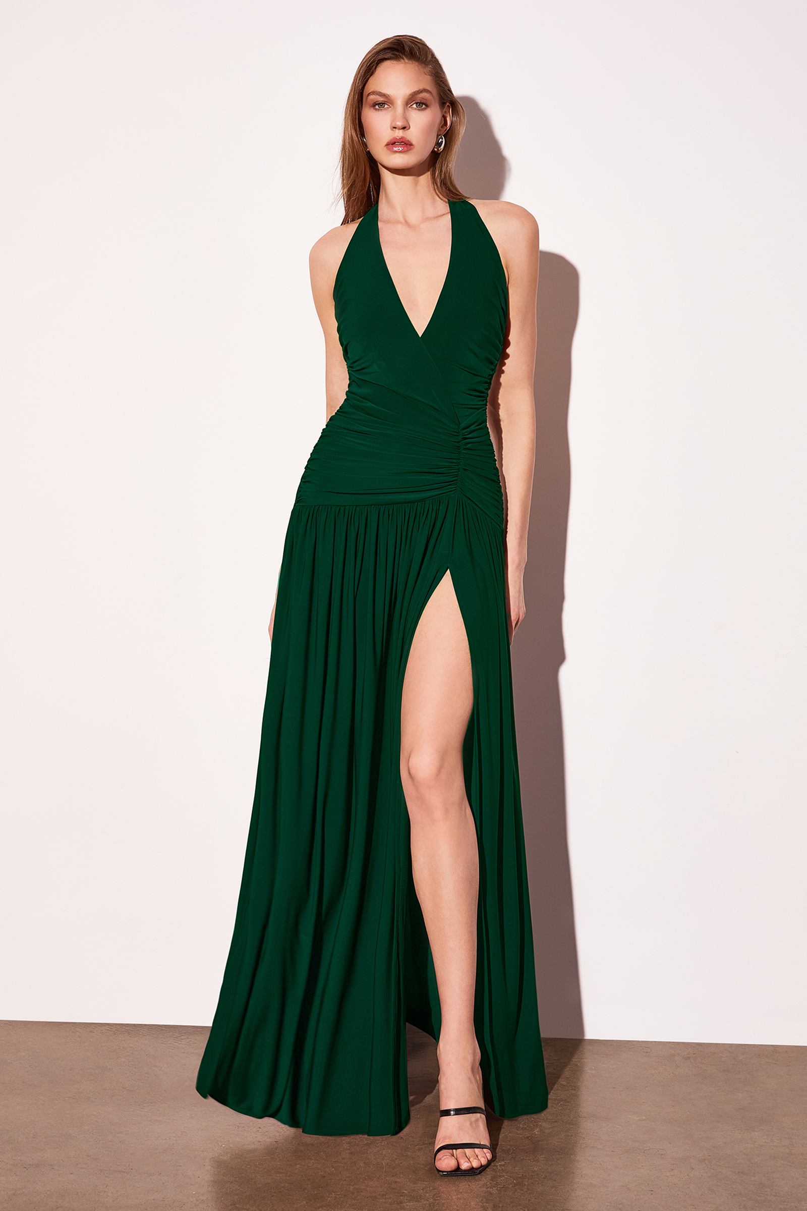 Astee T502 Halter Top V-Neckline Evening Gown with Leg Slit
