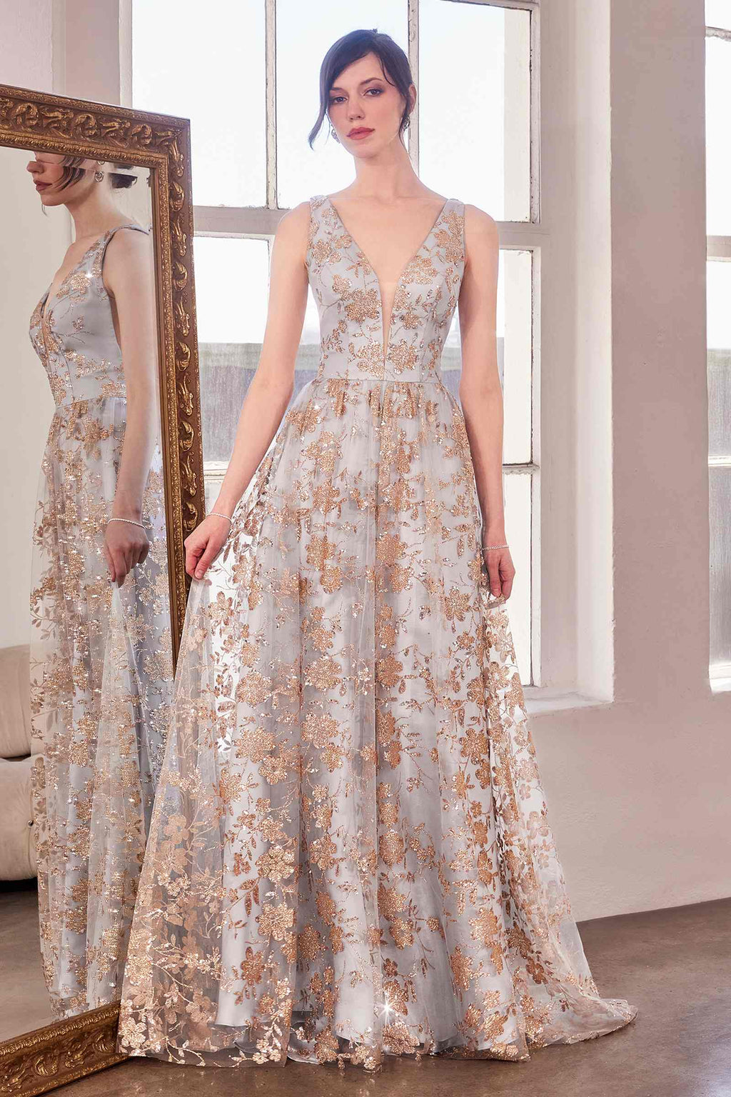 Ladivine Amoris T606 Long Sleeveless Glitter Print A-Line Gown