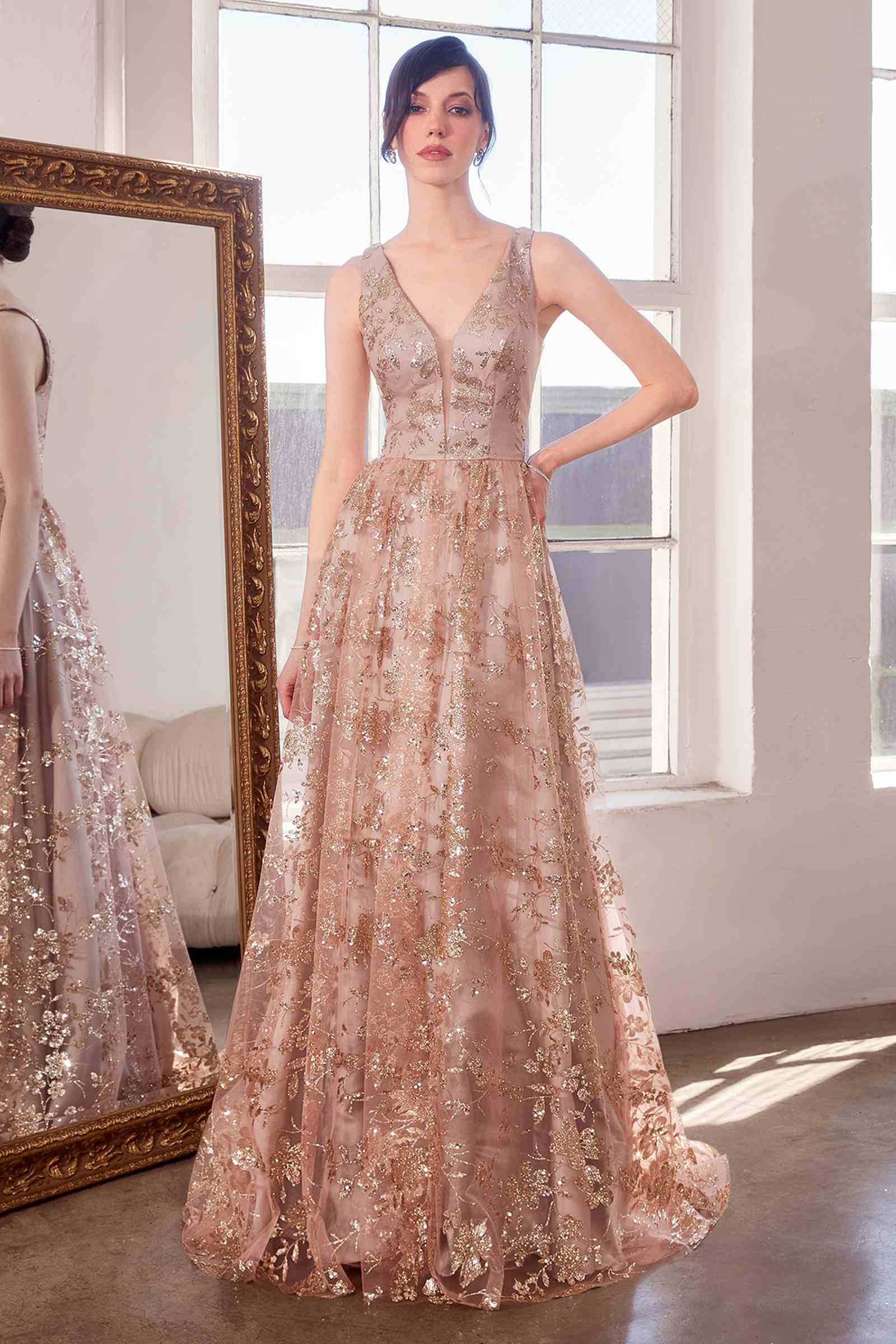 Ladivine Amoris T606 Long Sleeveless Glitter Print A-Line Gown