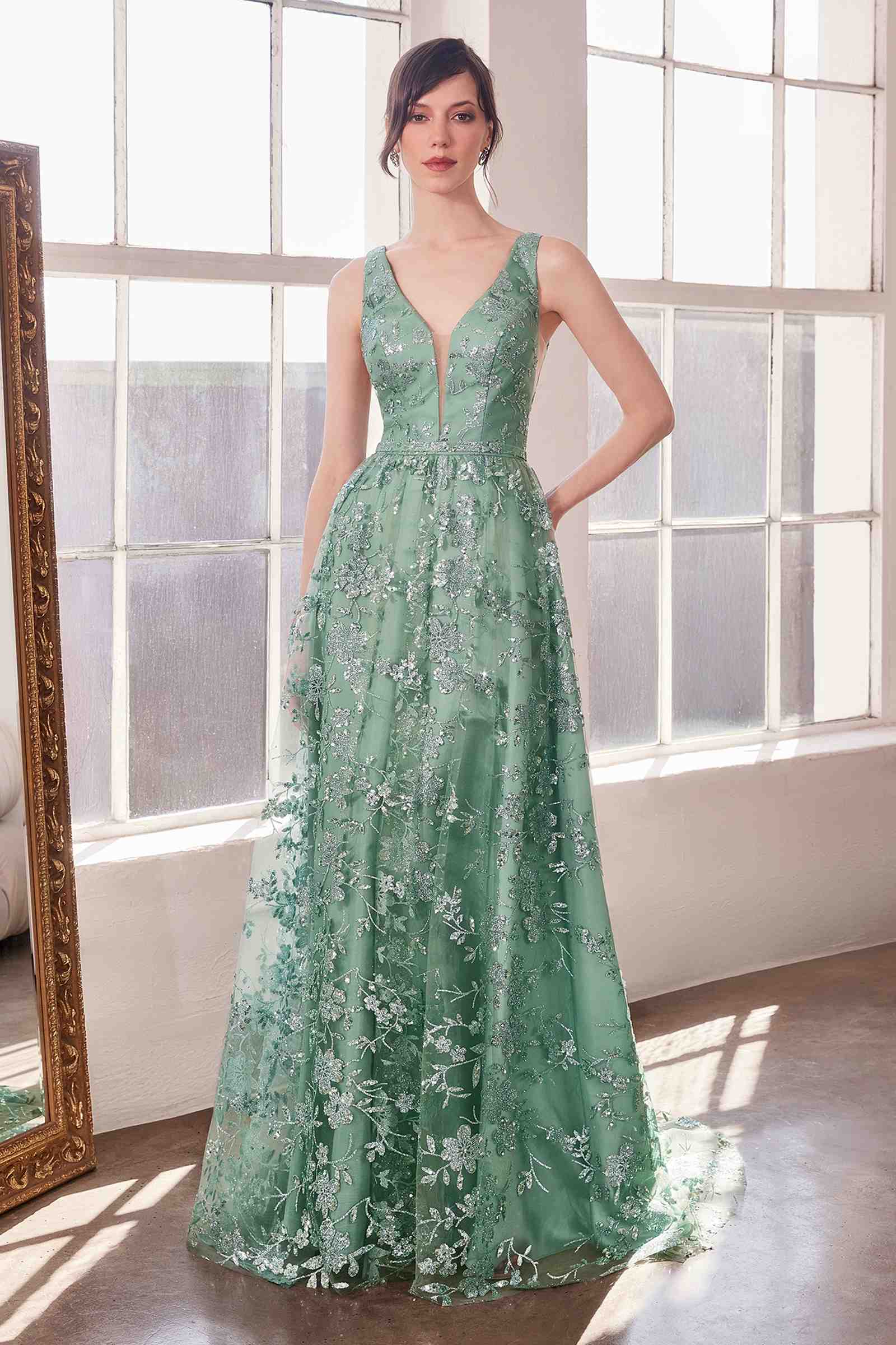 Ladivine Amoris T606 Long Sleeveless Glitter Print A-Line Gown