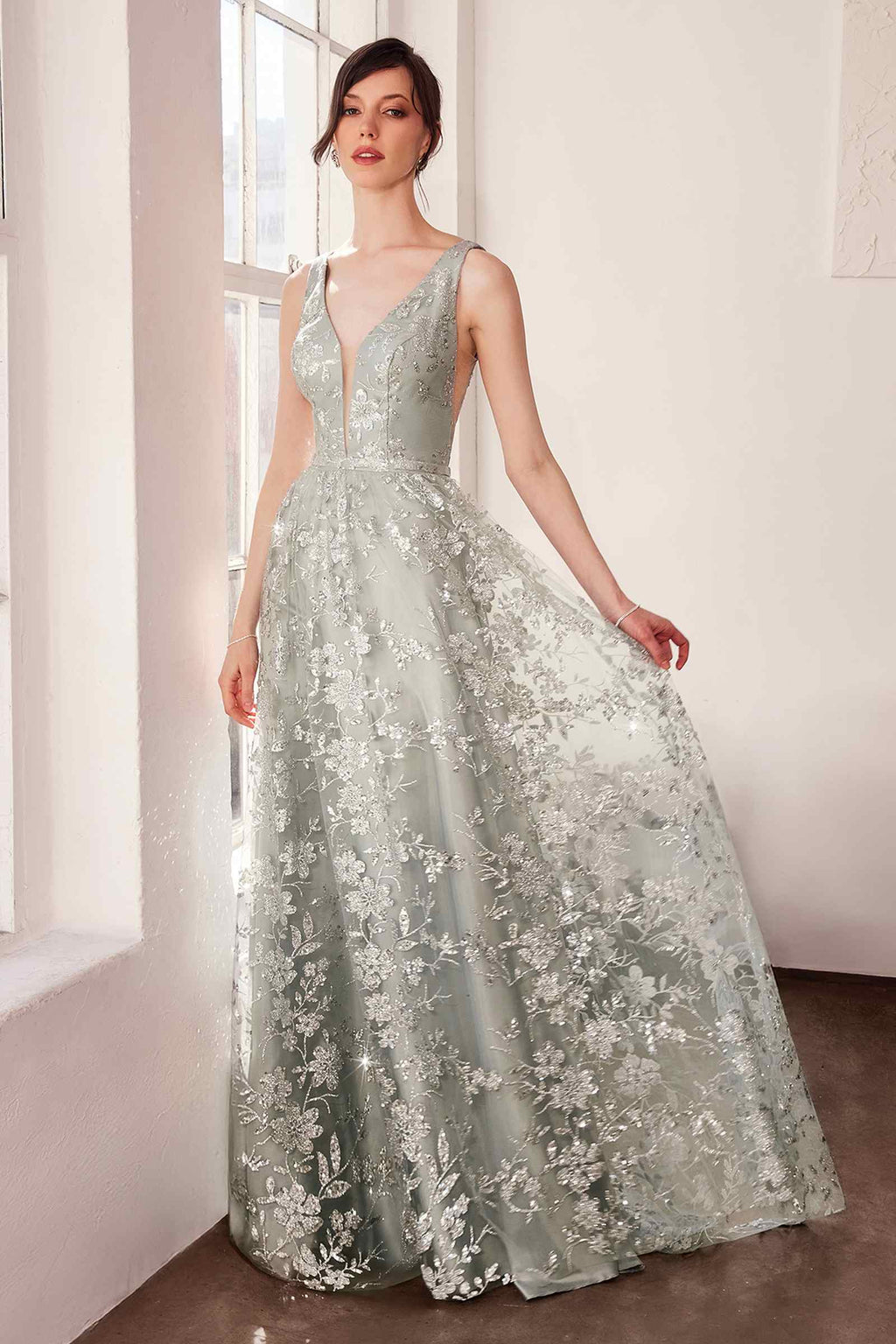 Ladivine Amoris T606 Long Sleeveless Glitter Print A-Line Gown