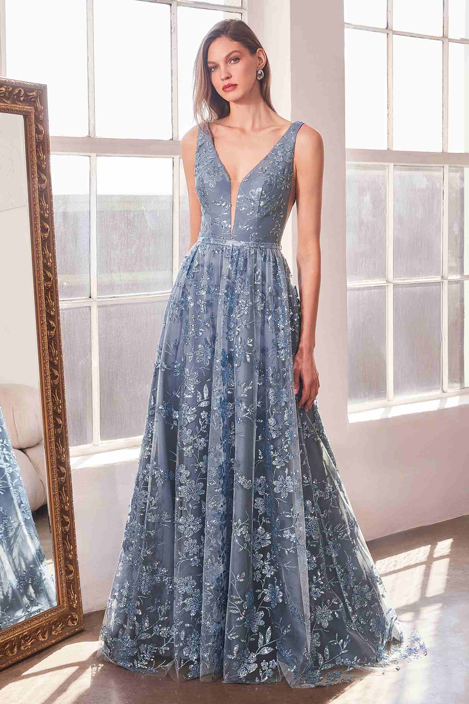 Ladivine Amoris T606 Long Sleeveless Glitter Print A-Line Gown
