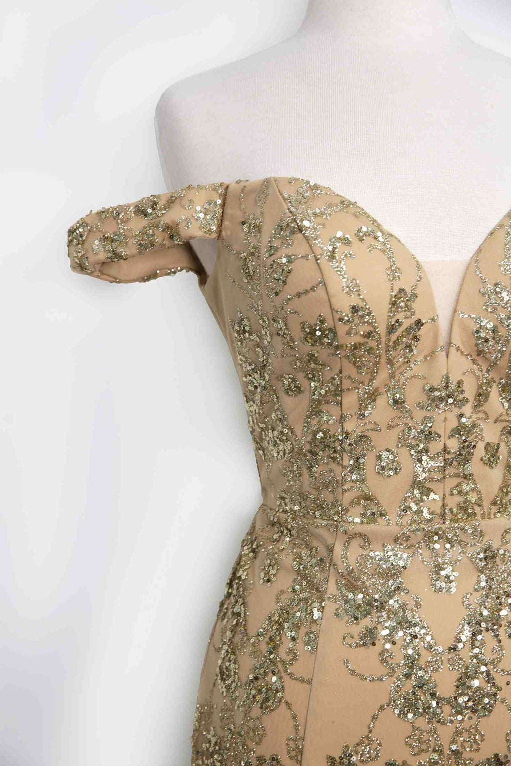 Amoris T613 Fitted Off the Shoulder Sequin Lace Sweep Train Gown