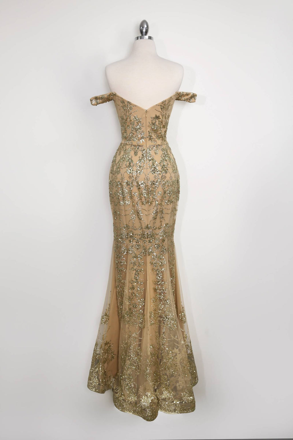 Amoris T613 Fitted Off the Shoulder Sequin Lace Sweep Train Gown