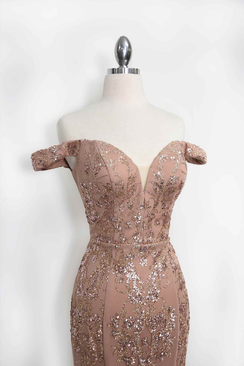 Amoris T613 Fitted Off the Shoulder Sequin Lace Sweep Train Gown