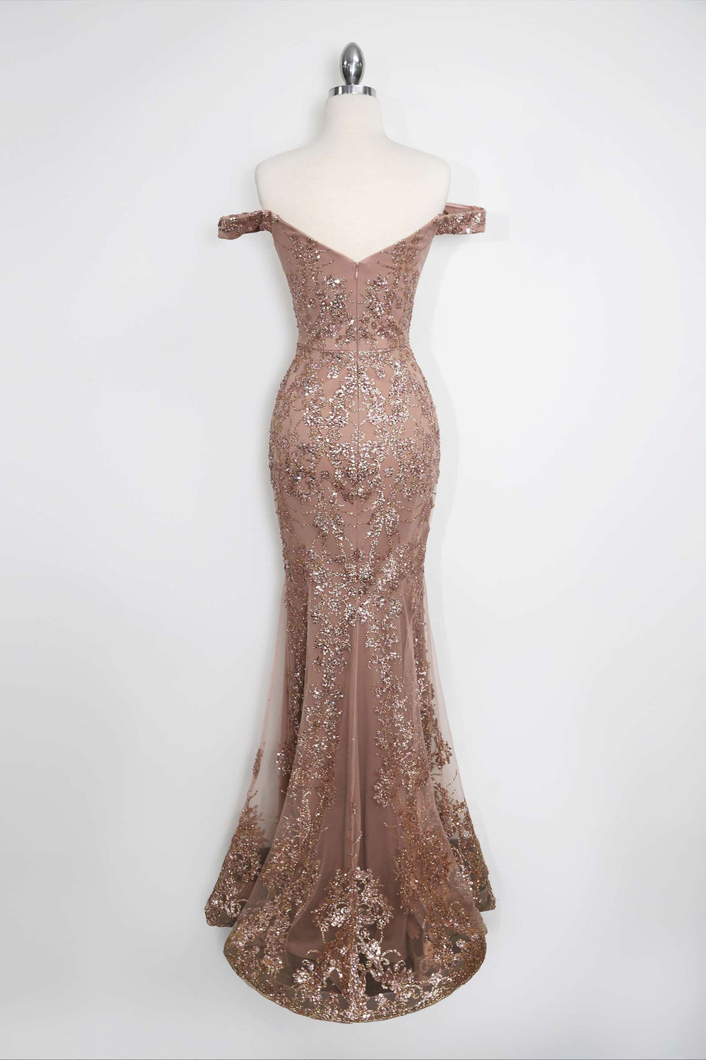 Amoris T613 Fitted Off the Shoulder Sequin Lace Sweep Train Gown