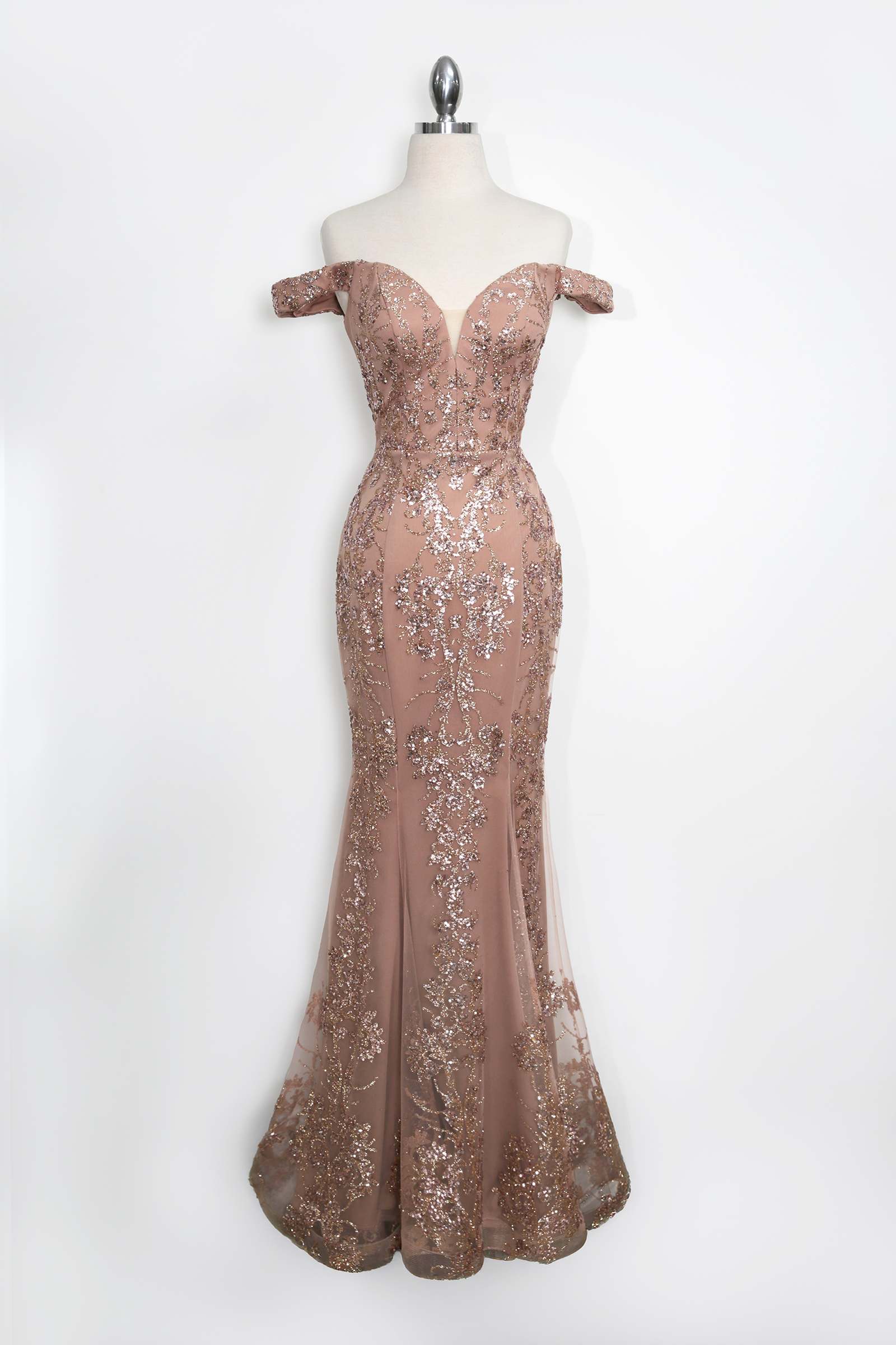 Amoris T613 Fitted Off the Shoulder Sequin Lace Sweep Train Gown