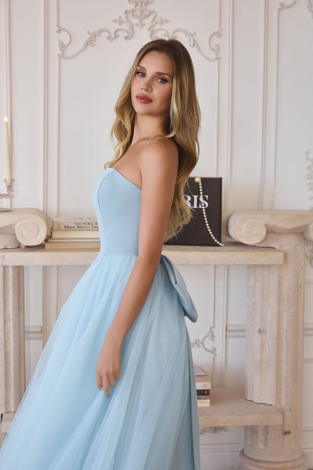 Amoris T712 Strapless Crepe Bodice A-Line Gown Layered Tulle Skirt