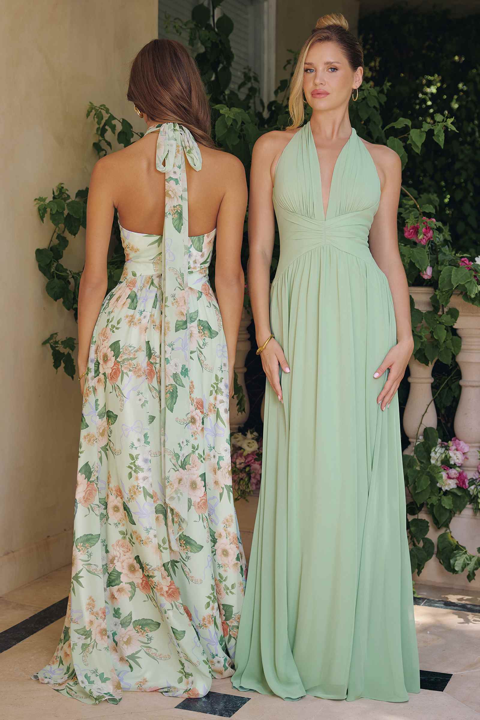 Amoris T719 Floral Printed A-Line Plunging Neckline Gown