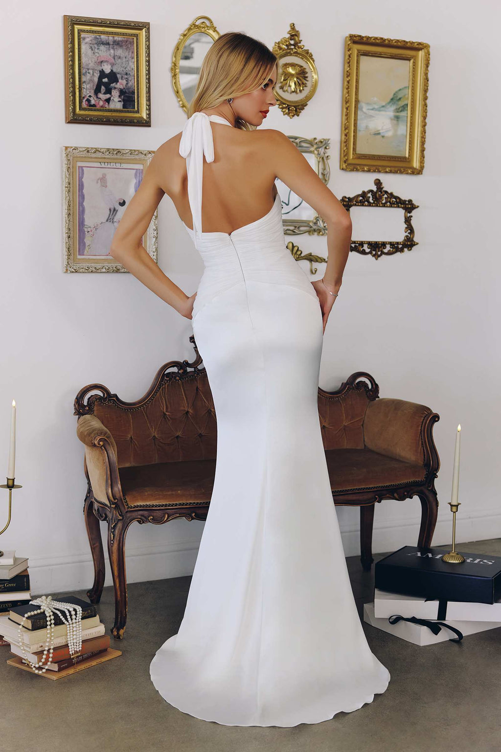 Amoris T720W Halter Satin Sleek Floor Length Satin Bridal Gown