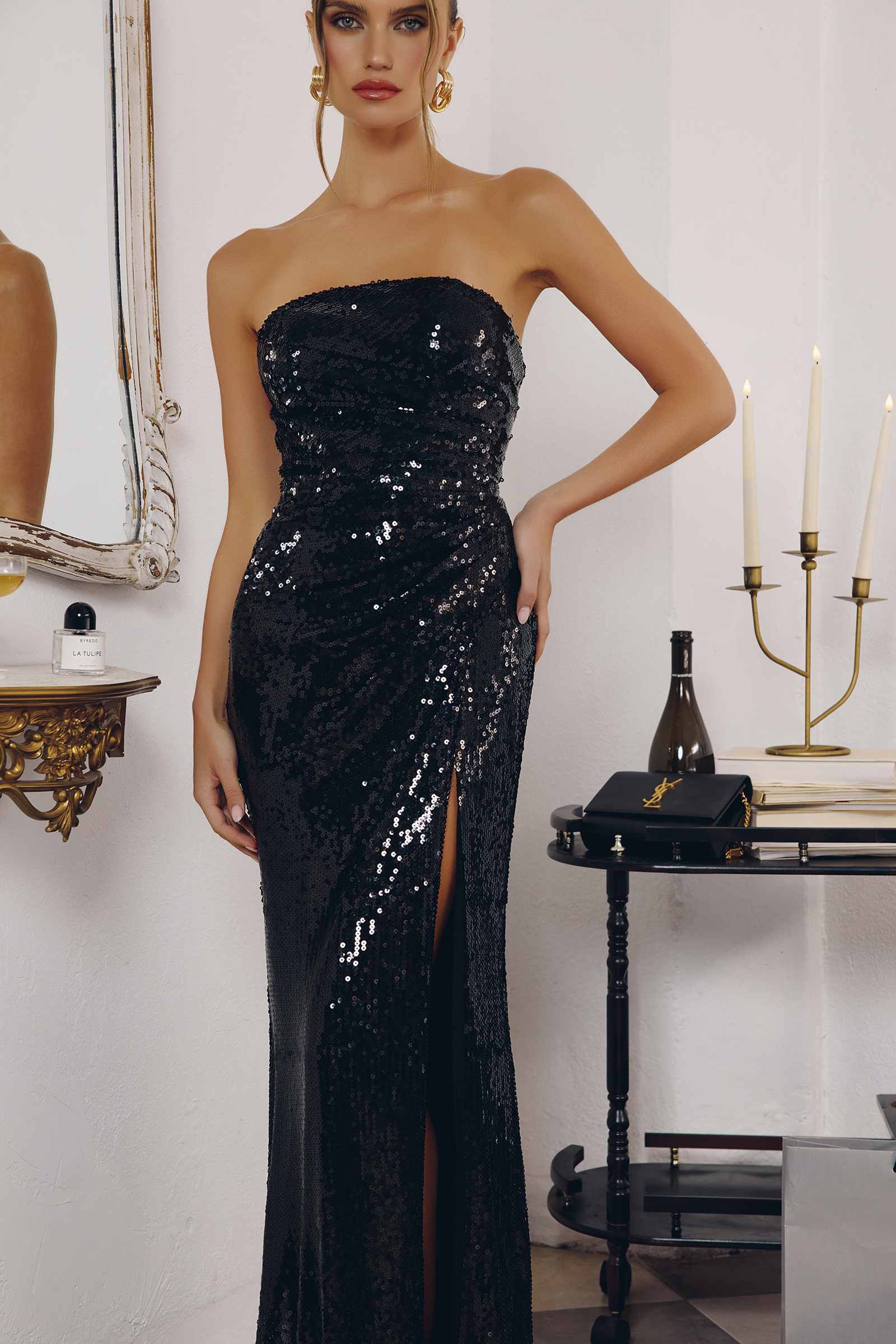 Amoris T724 Sleek Strapless Sequin Fitted Gown