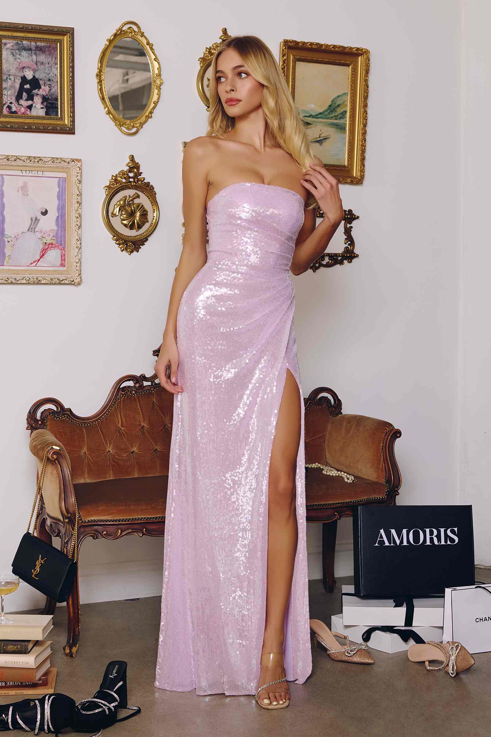 Amoris T724 Sleek Strapless Sequin Fitted Gown