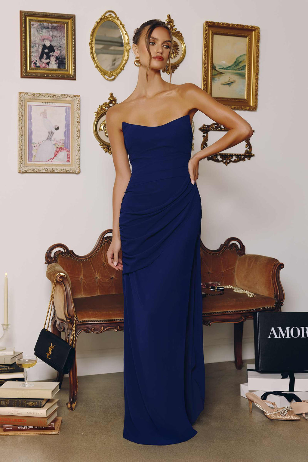 Amoris T726 Strapless Side Sash Chiffon Formal Gown
