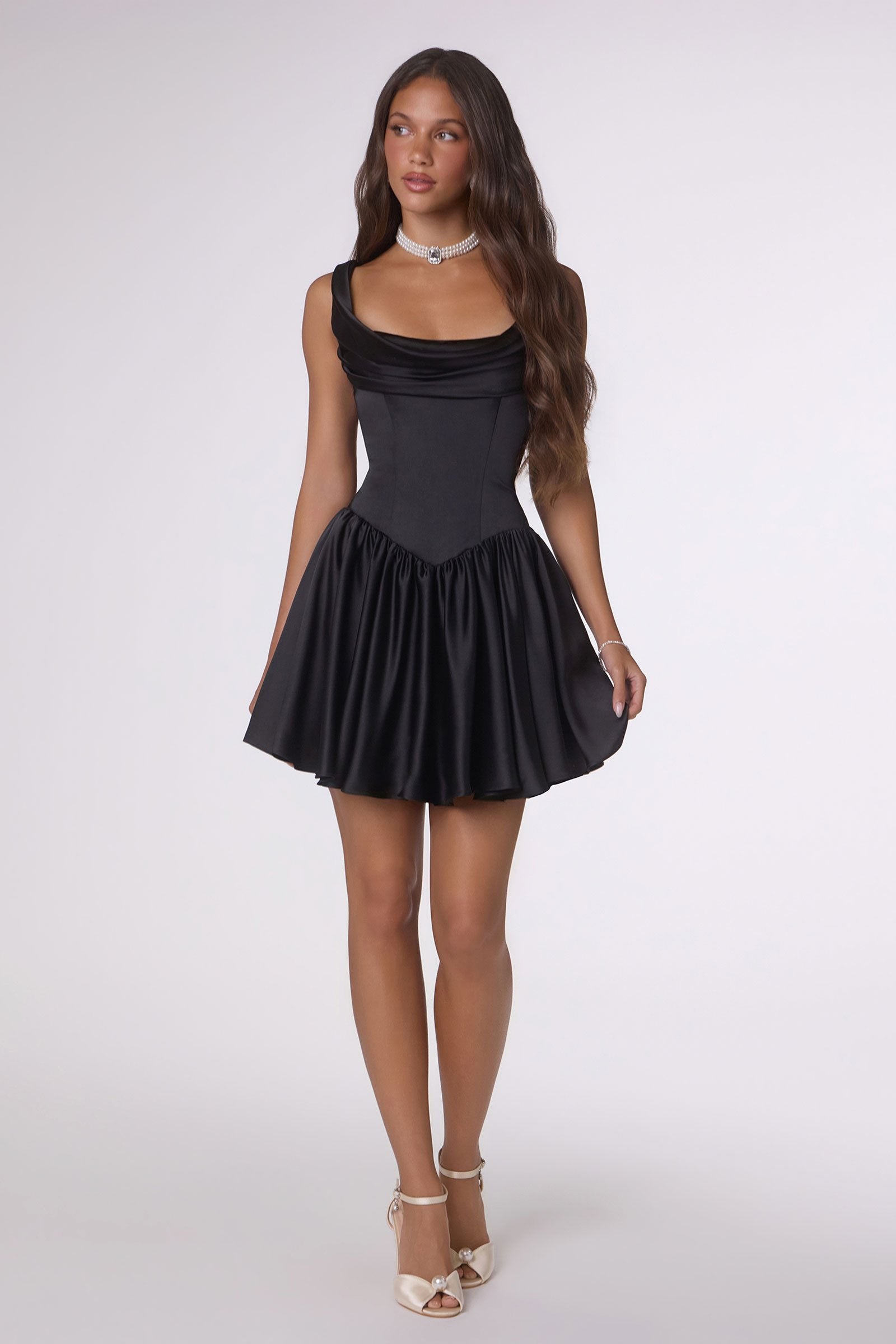 Amoris T735 Soft Satin Flared Mini Dress Adjustable Back