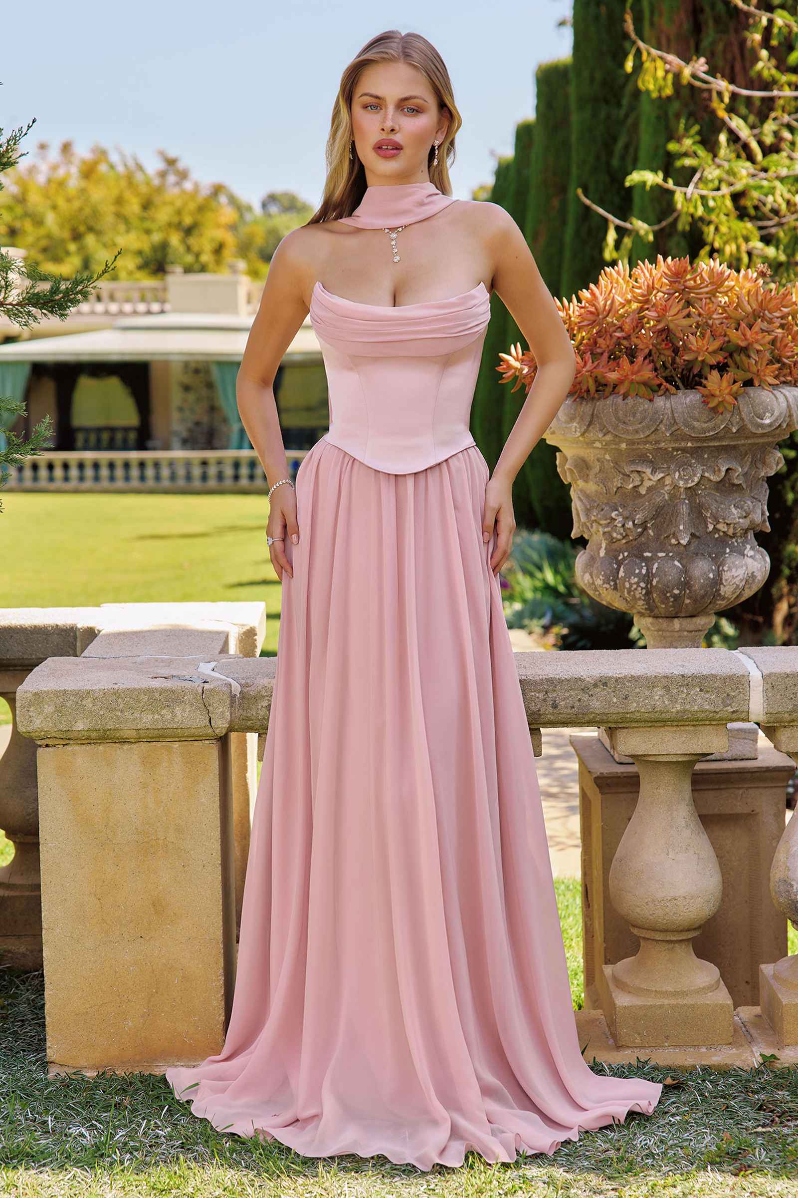 Amoris T741 Flowing A-Line Strapless Chiffon Evening Gown