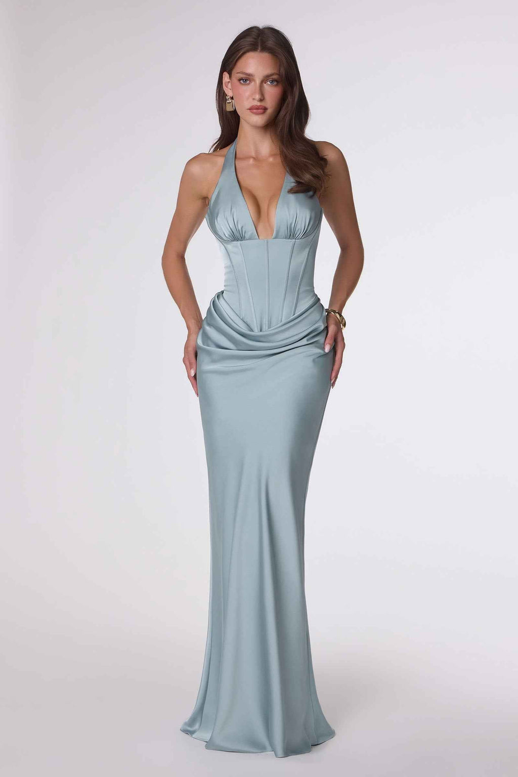 Amoris T743 Fitted Floor Length Satin Gown Plunging Neckline