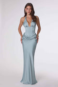 Amoris T743 Fitted Floor Length Satin Gown Plunging Neckline