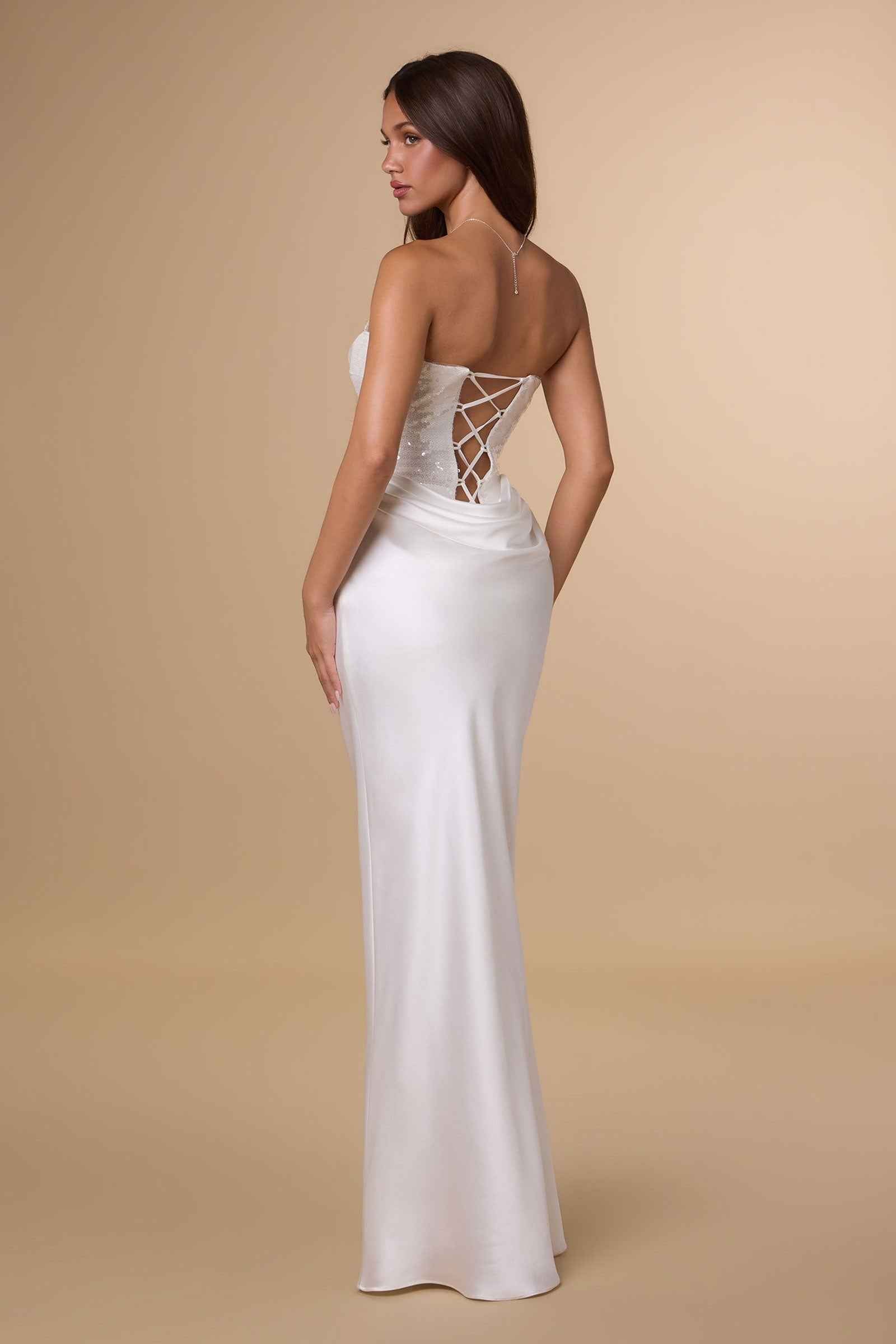 Amoris T744W Strapless Sequin Bodice Satin Skirt Off White Formal Dress