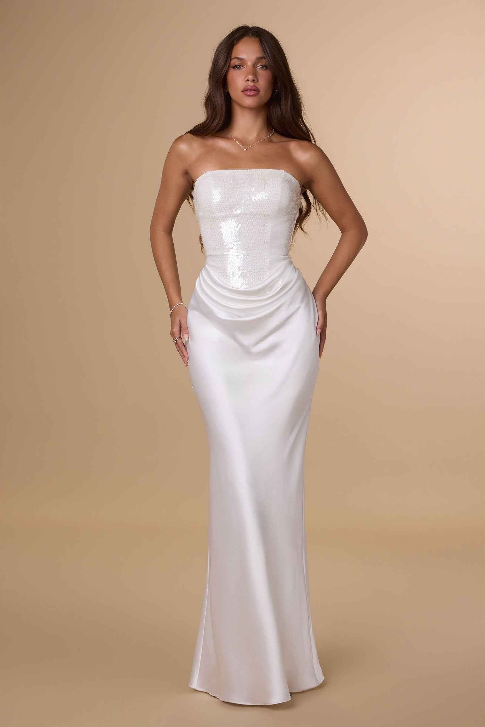 Amoris T744W Strapless Sequin Bodice Satin Skirt Off White Formal Dress