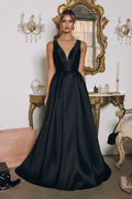 Amoris T814 Long V-Neckline A-Line Satin Dress with Pockets