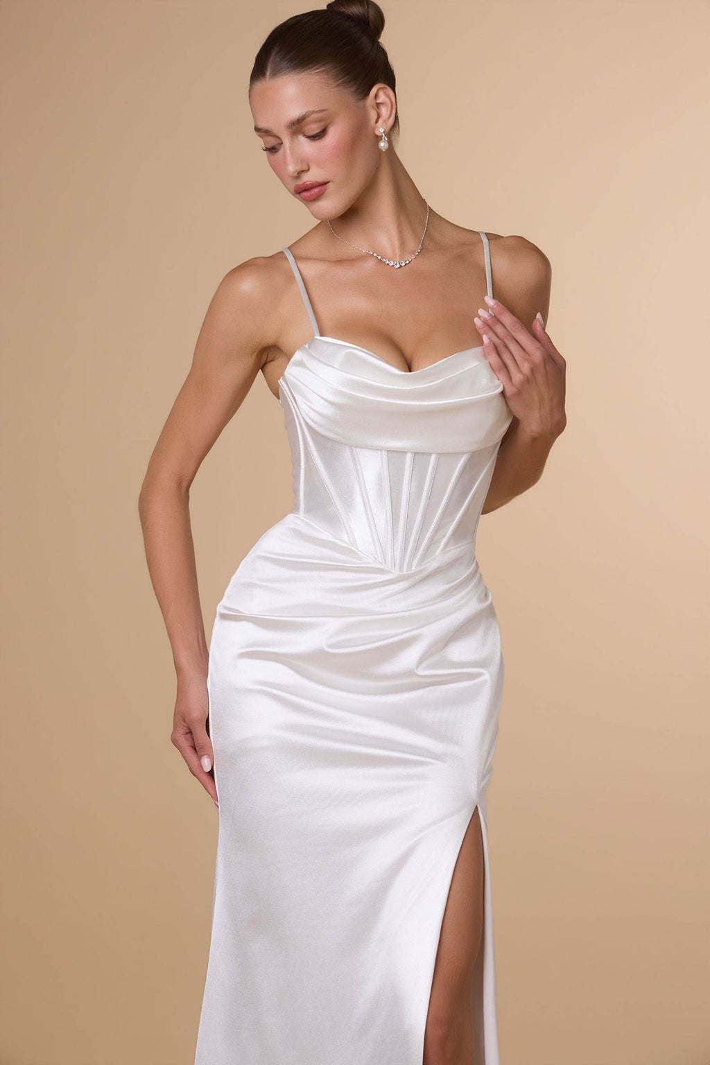 Amoris T815W Fitted Sultry Stretch Satin Bustier Bodice Off White Dress