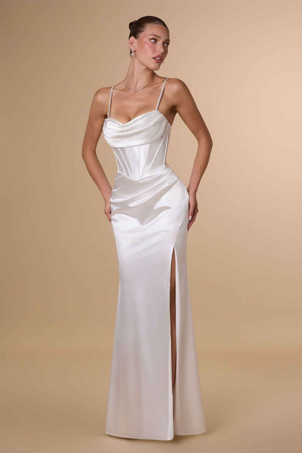 Amoris T815W Fitted Sultry Stretch Satin Bustier Bodice Off White Dress