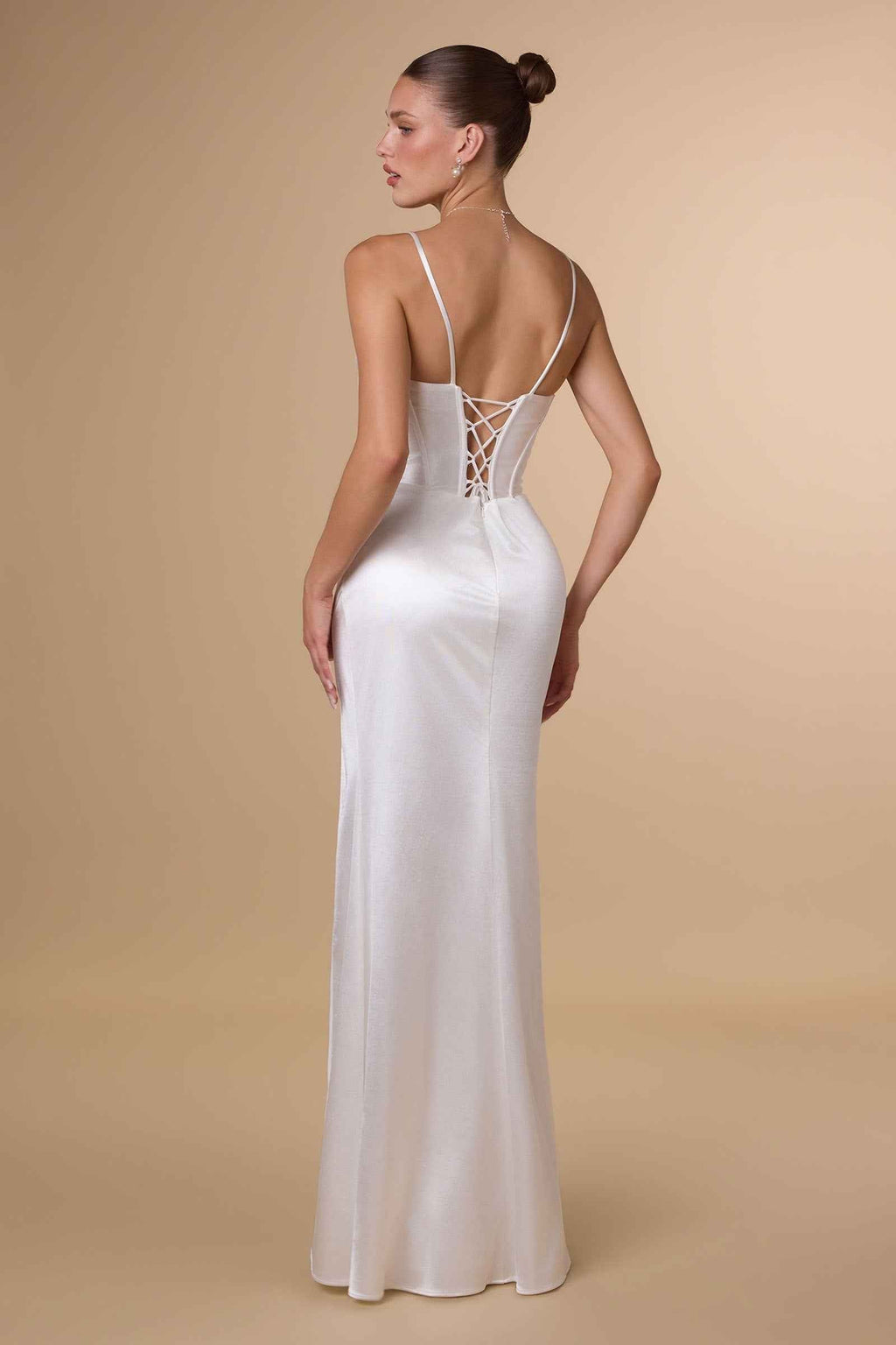 Amoris T815W Fitted Sultry Stretch Satin Bustier Bodice Off White Dress