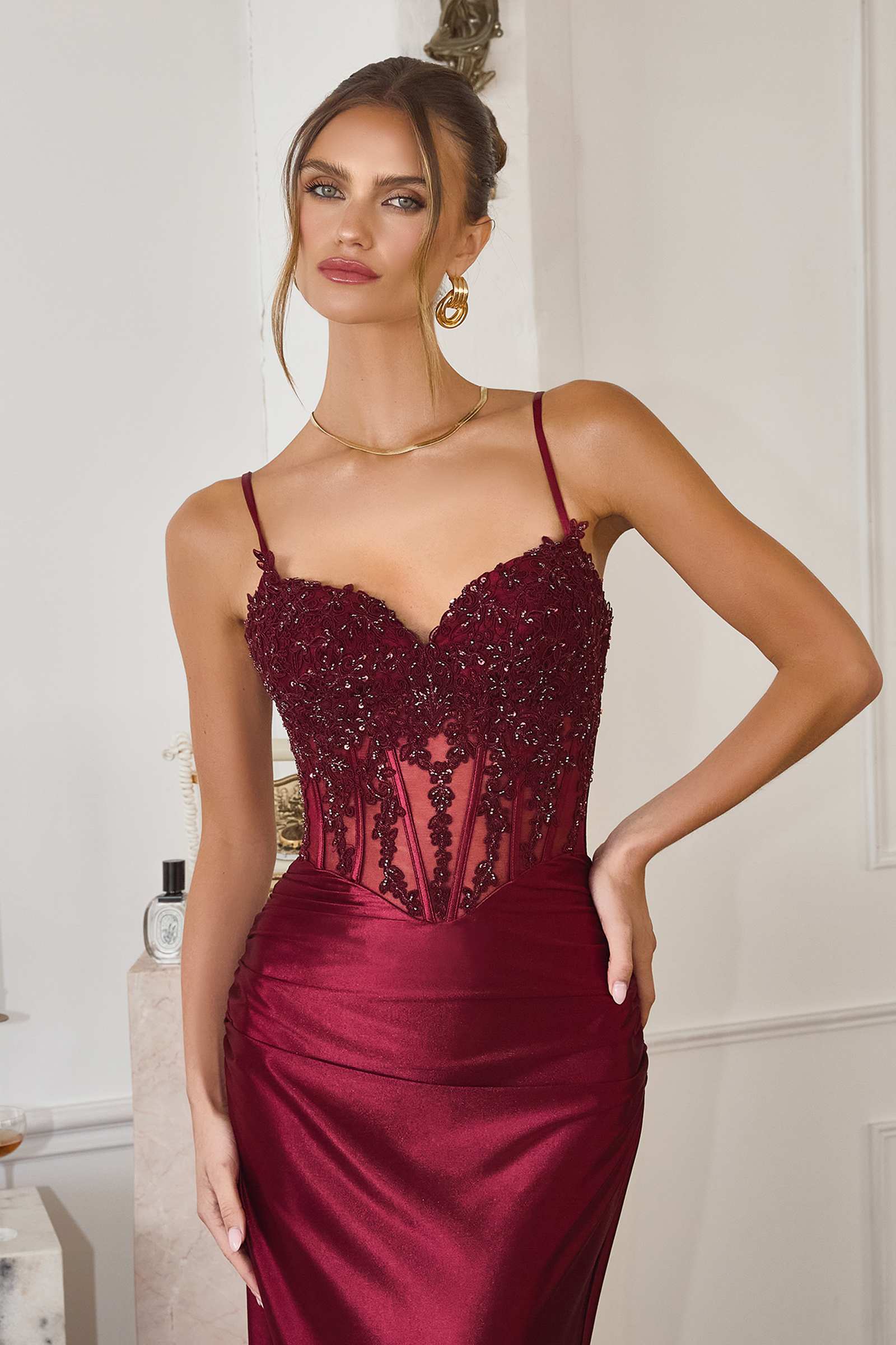 Amoris T819 Sleek Fitted Stretch Satin Sheer Corset Mermaid Gown