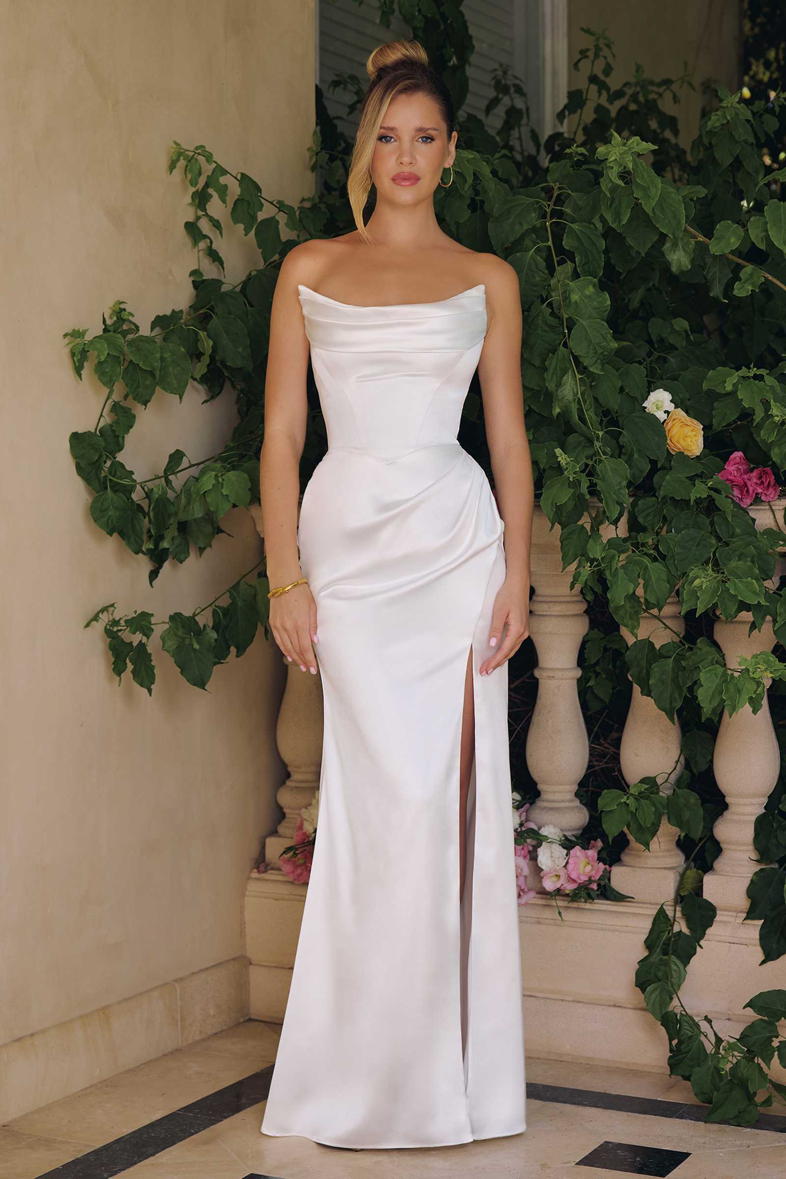 Amoris T820W Removable Strap Stretch Satin Floor Length Modern Bridal Gown