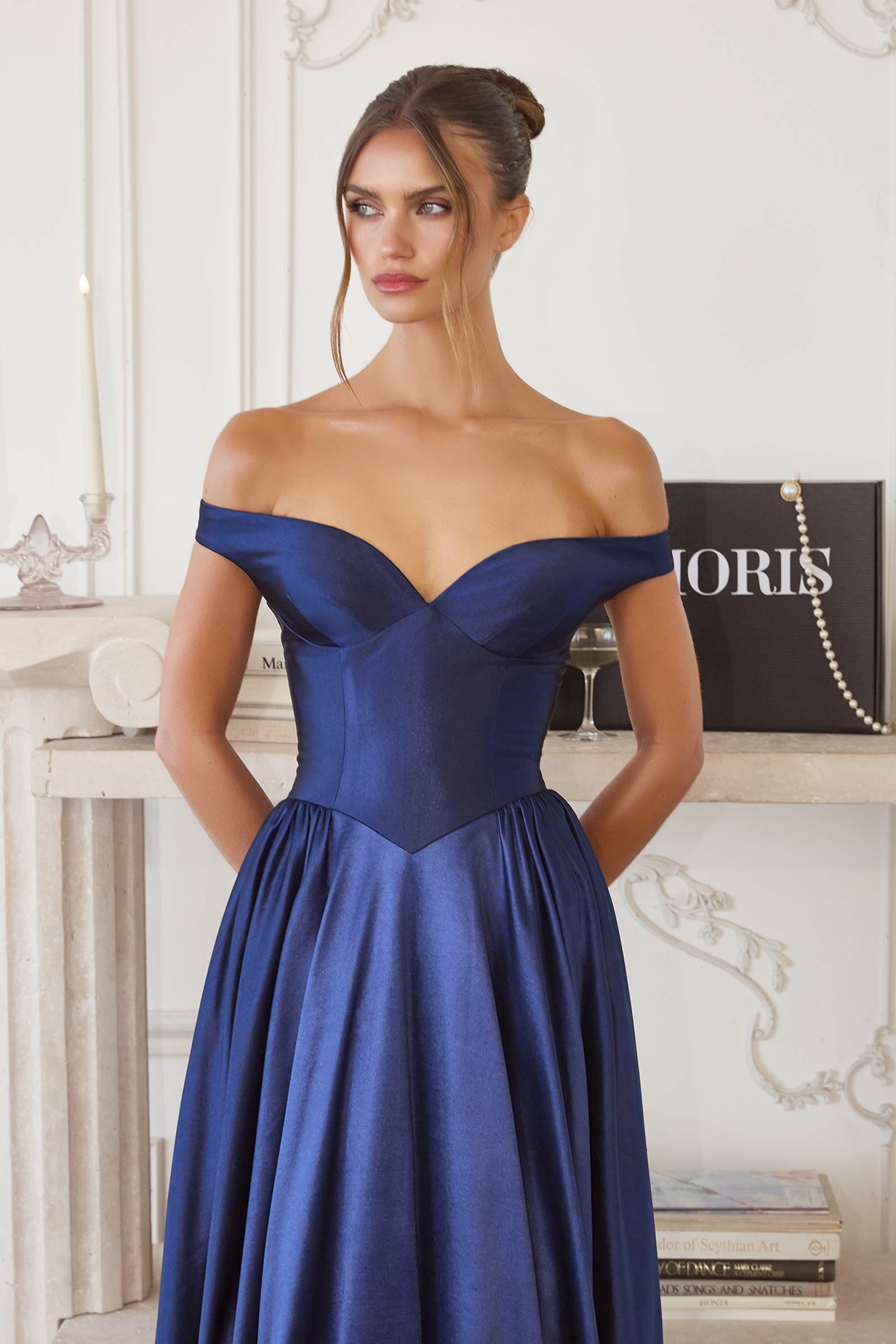 Amoris T821 Off Shoulder Sweetheart Neck Satin A-Line Dress