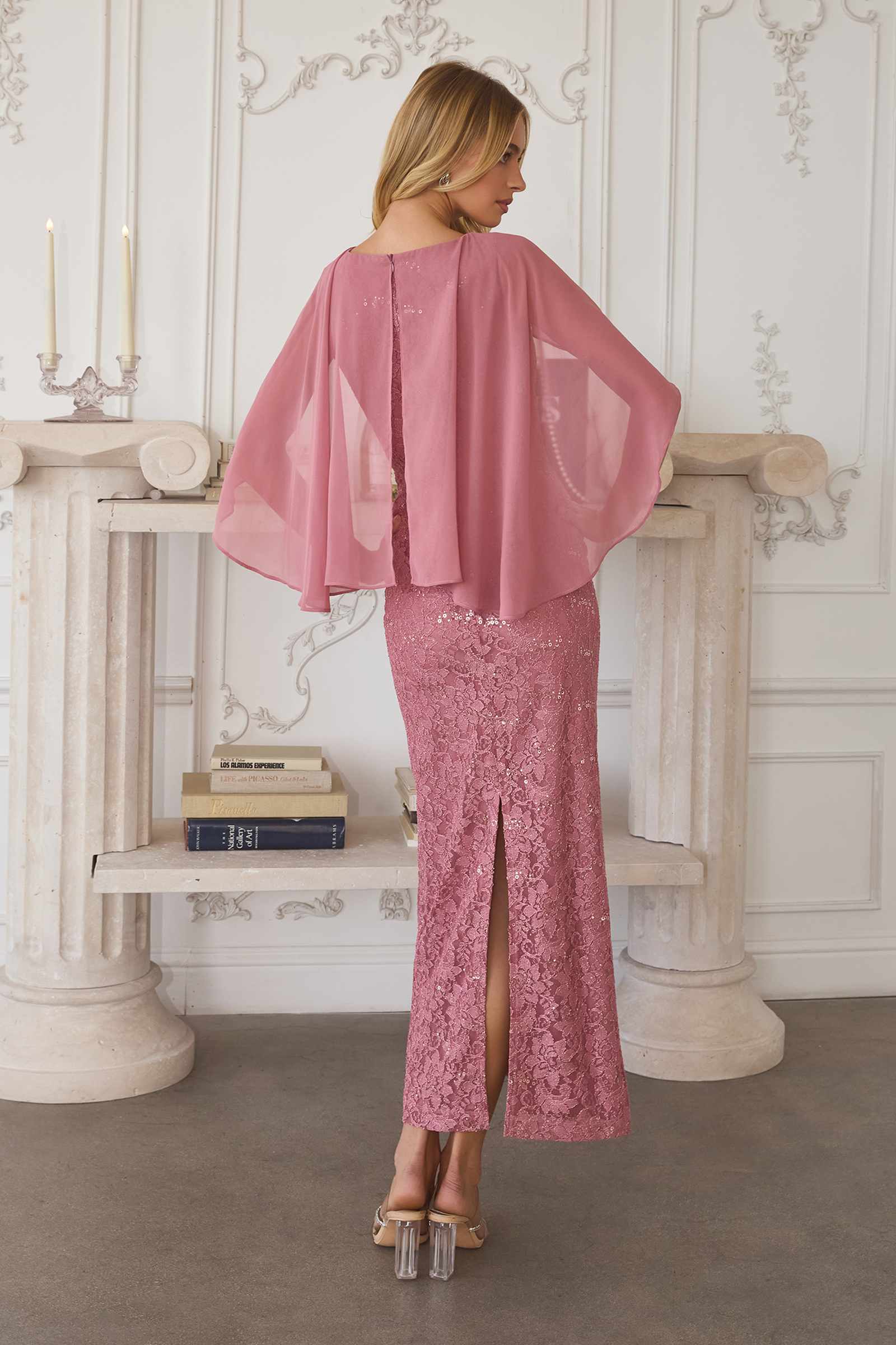 Amoris T906 Sequin Lace Gown Detachable Sheer Cape Overlay