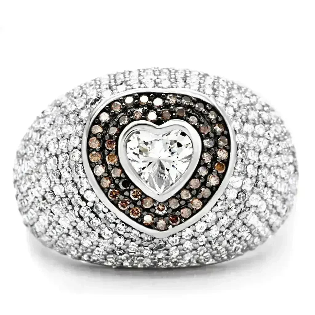 TS022 Rhodium + Ruthenium Sterling Silver Ring – AAA Brown CZ Statement Piece