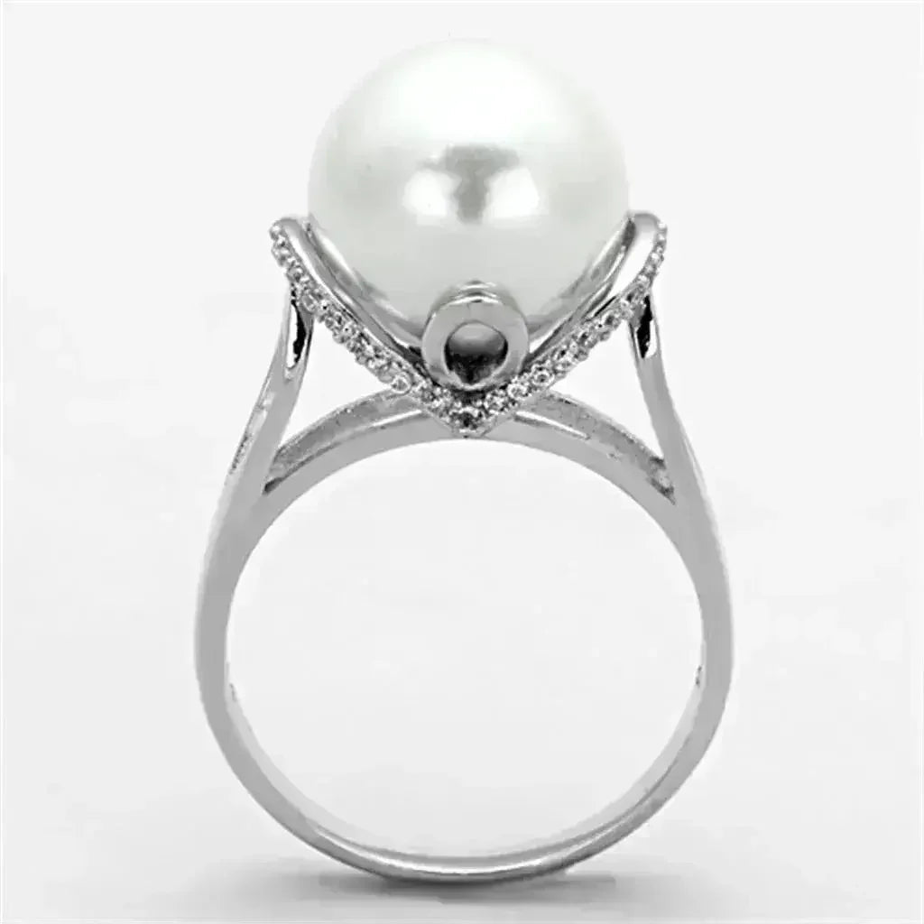 TS154 - Rhodium 925 Sterling Silver Ring with Synthetic Pearl in White