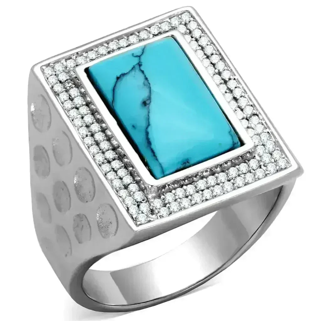 TS228 Rhodium Sterling Silver Ring – Synthetic Turquoise Statement Piece