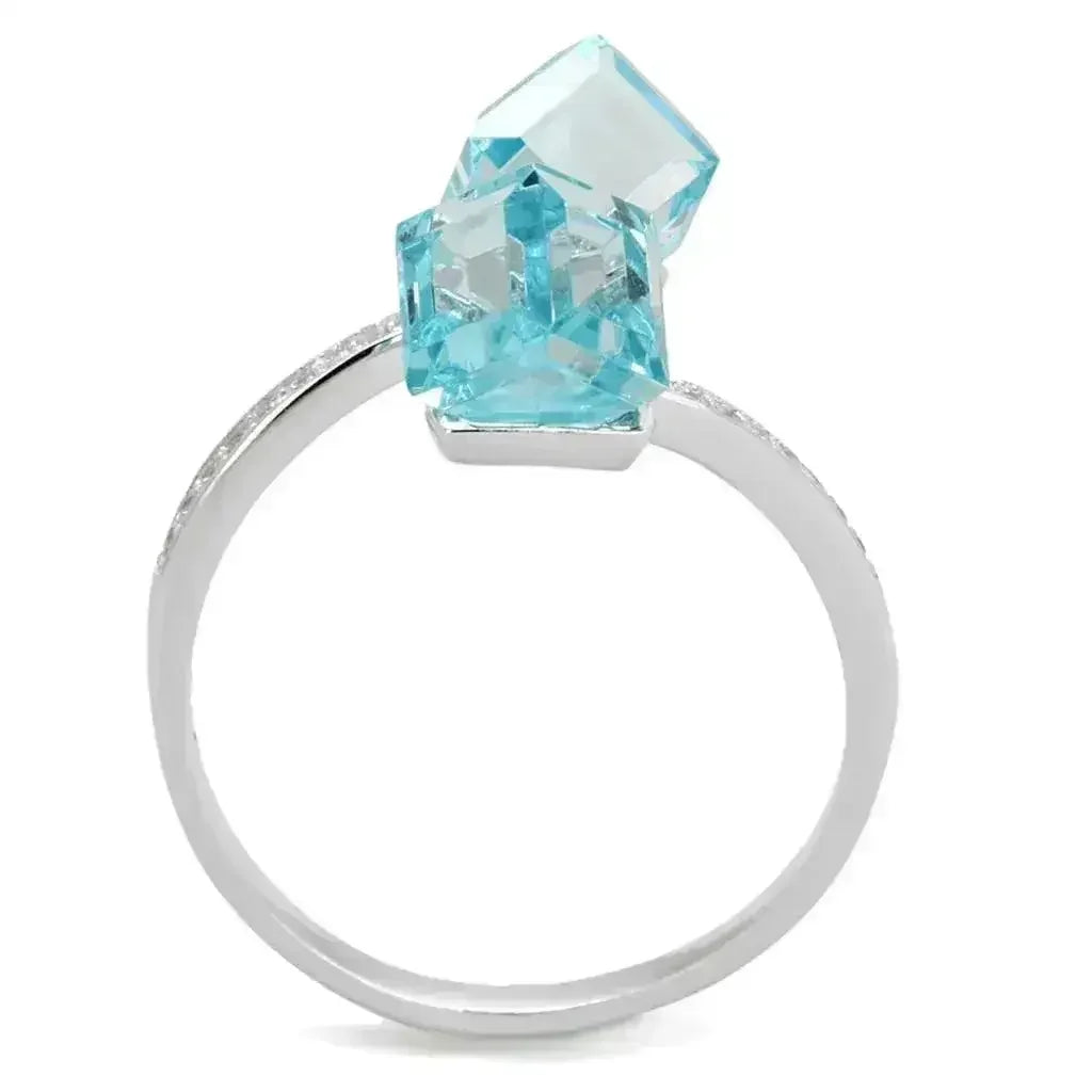 TS317 Rhodium Sterling Silver Ring – AAA Sea Blue CZ