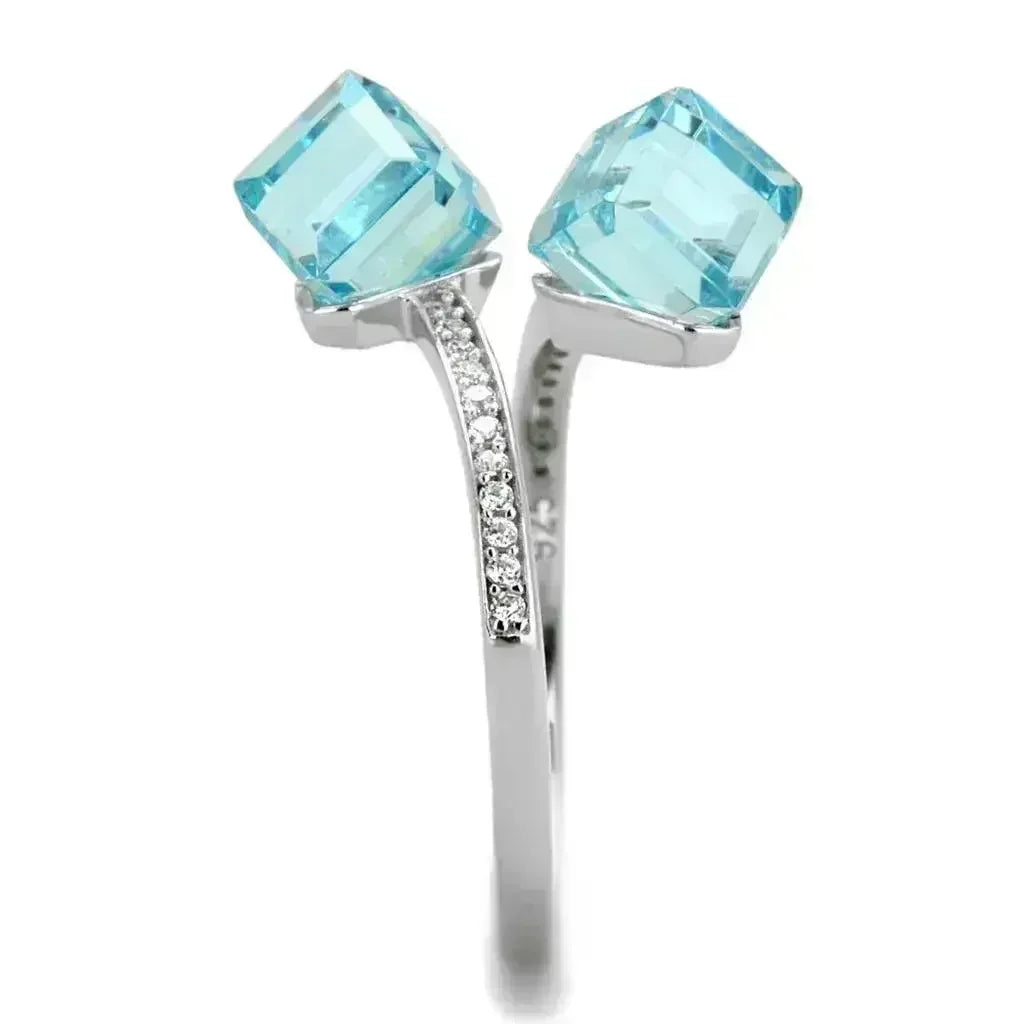 TS317 Rhodium Sterling Silver Ring – AAA Sea Blue CZ