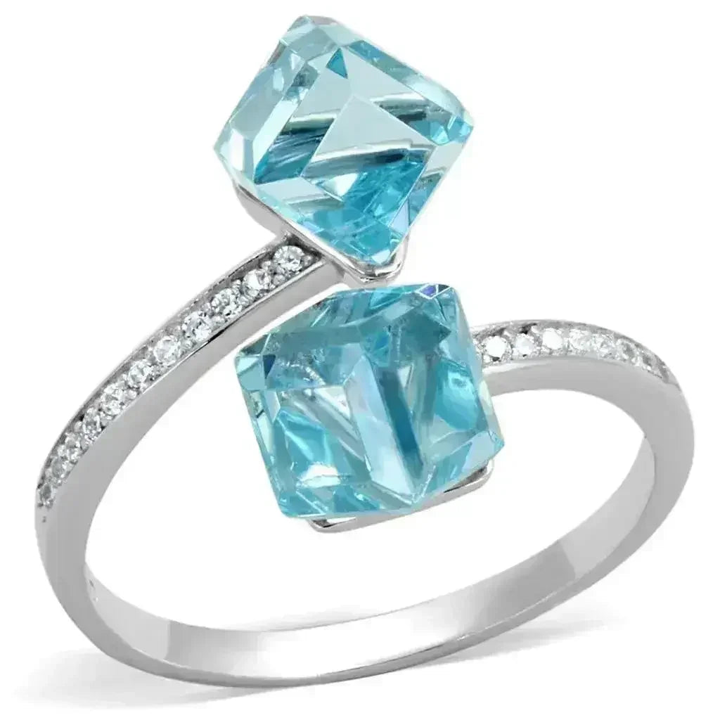 TS317 Rhodium Sterling Silver Ring – AAA Sea Blue CZ