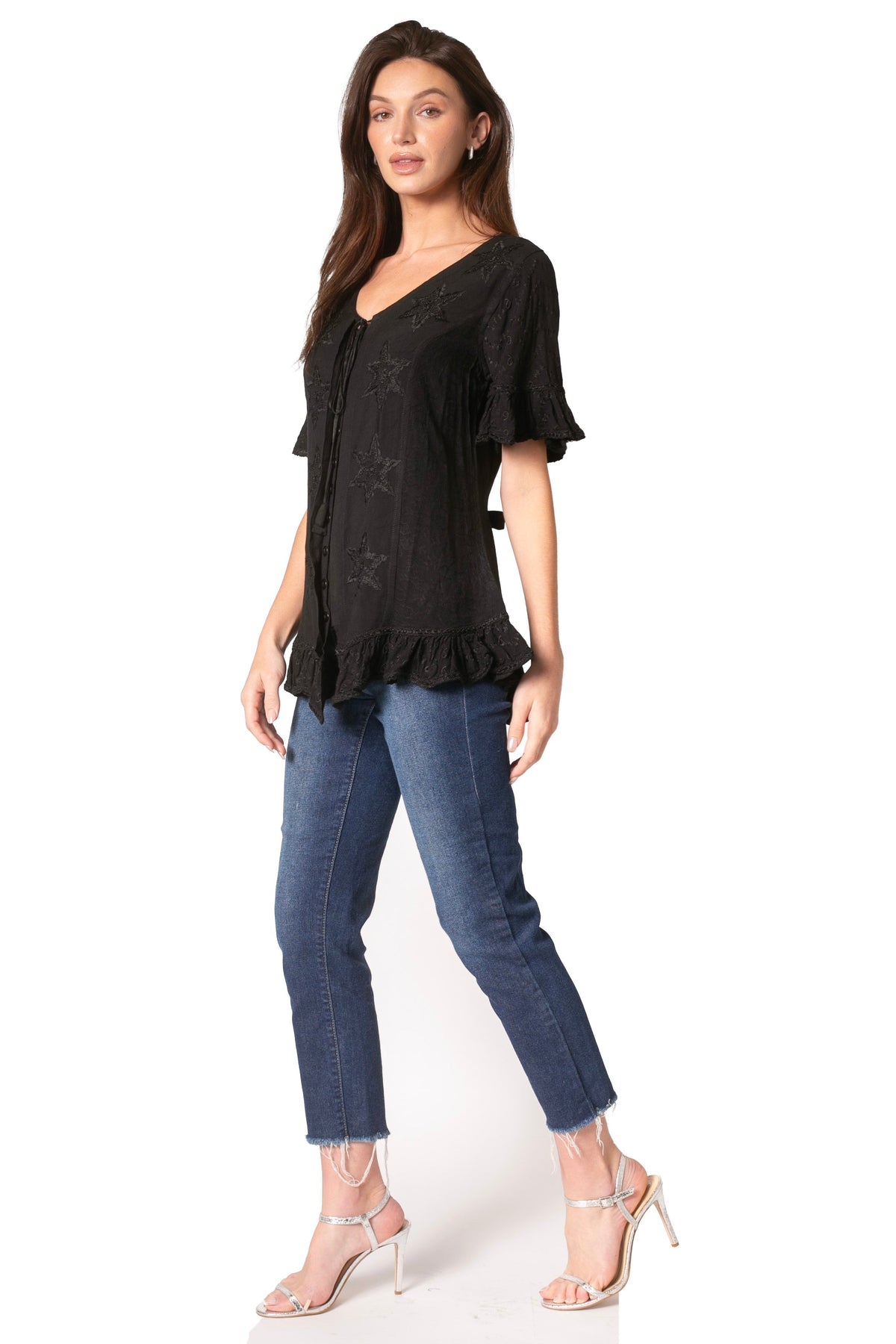 Sakkas Sayle Long Star Embroidered Blouse Shirt Top With Button Front And Ruffles