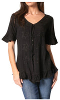 Sakkas Sayle Long Star Embroidered Blouse Shirt Top With Button Front And Ruffles