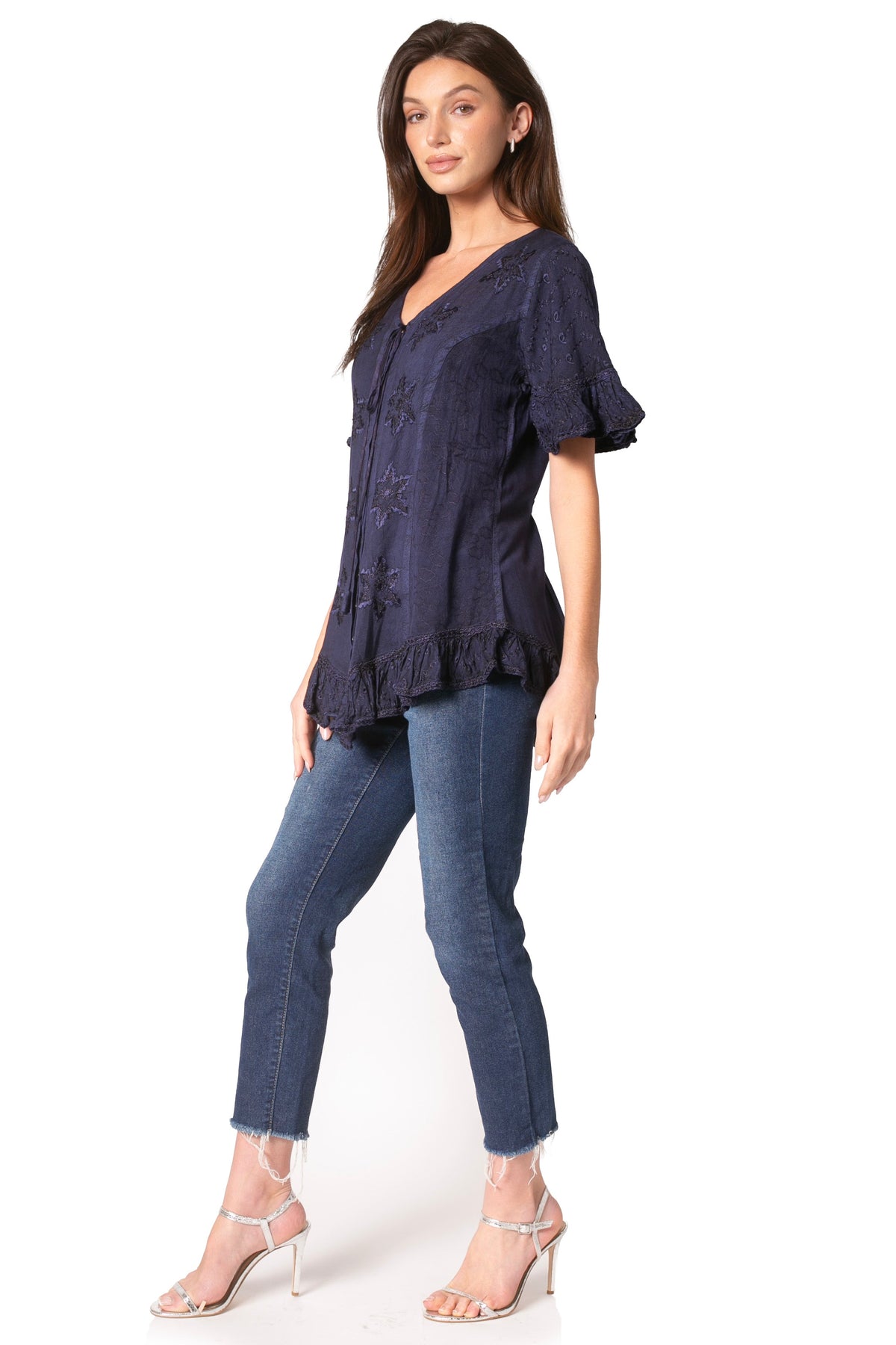 Sakkas Sayle Long Star Embroidered Blouse Shirt Top With Button Front And Ruffles