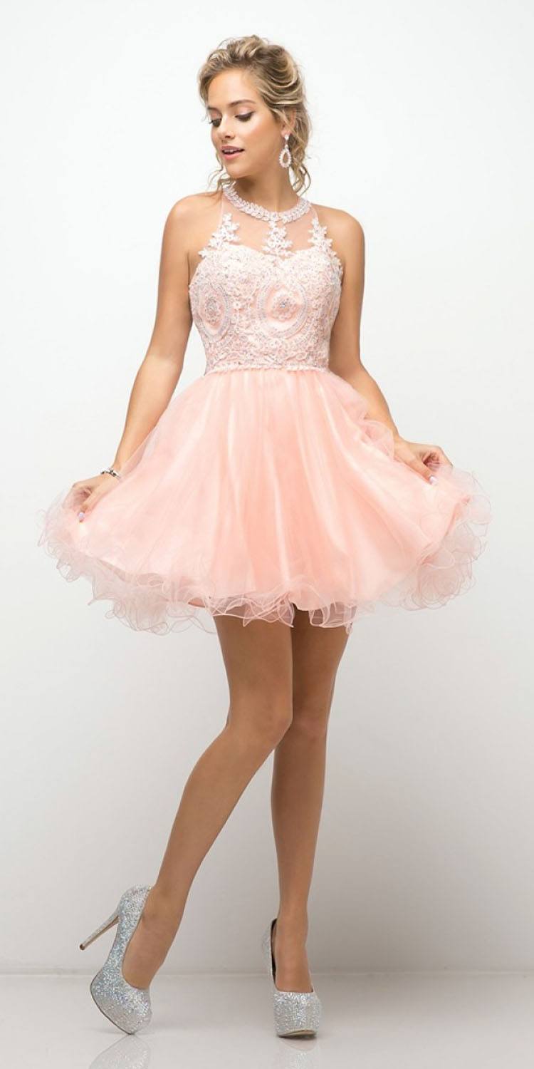 Ladivine UJ0119 Short Appliqued Bodice Halter Tulle Skirt Dress