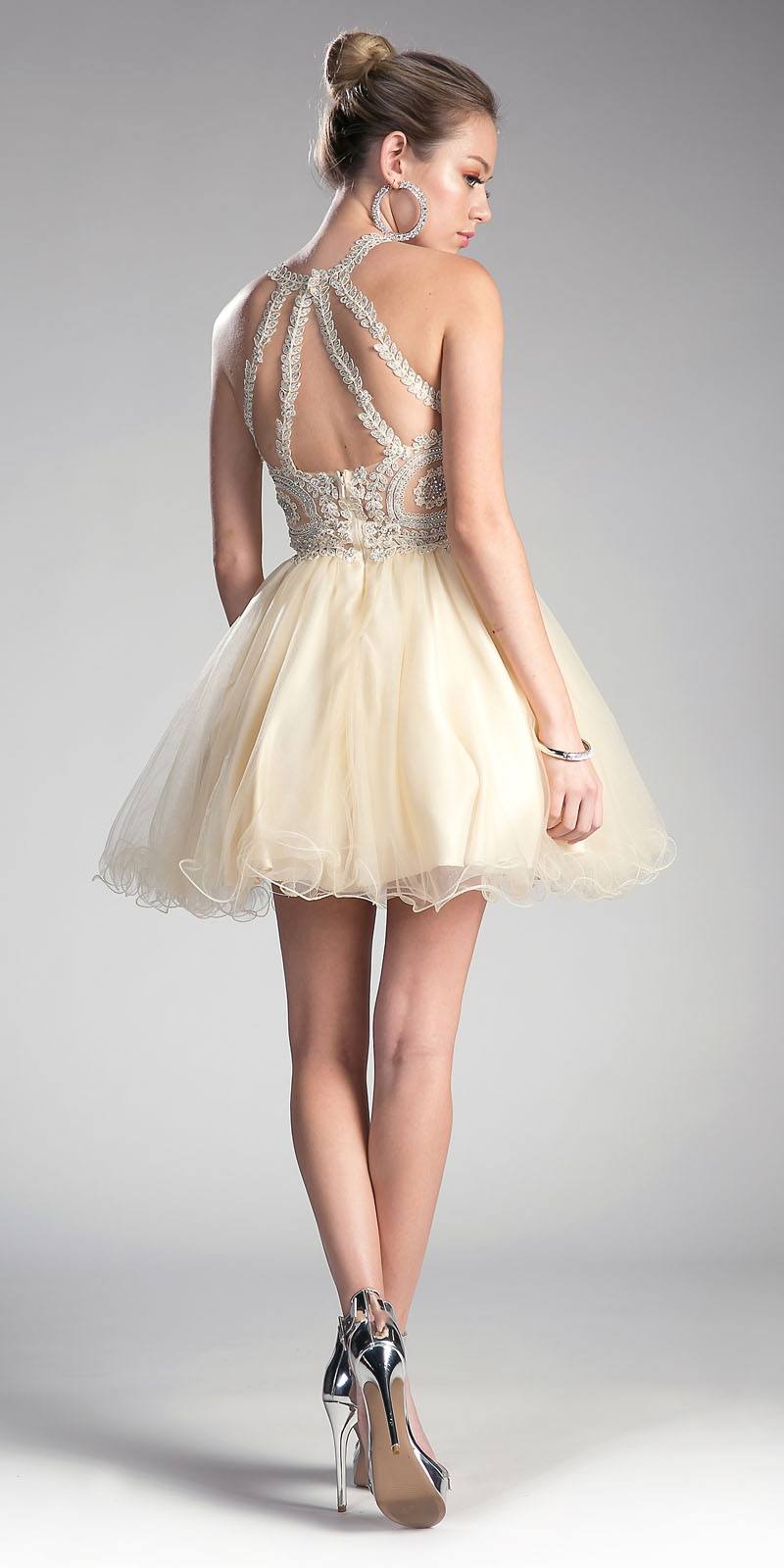 Ladivine UJ0119 Short Appliqued Bodice Halter Tulle Skirt Dress