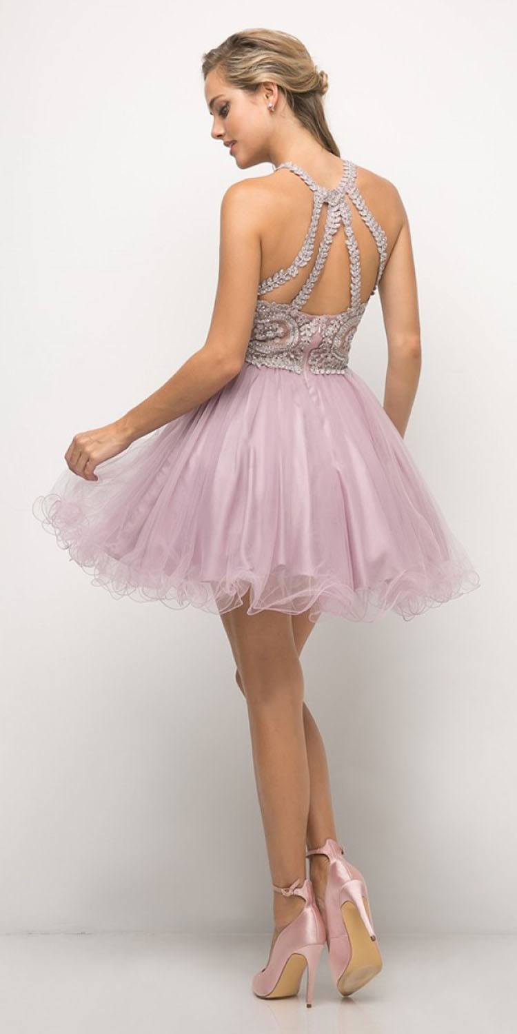 Ladivine UJ0119 Short Appliqued Bodice Halter Tulle Skirt Dress